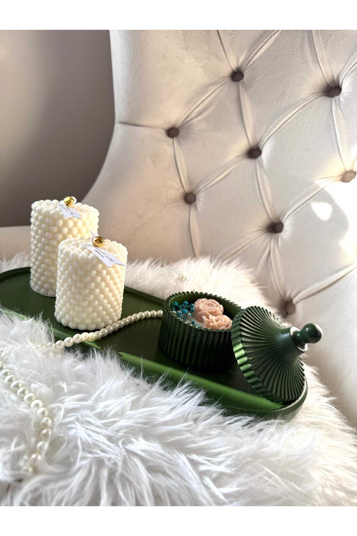 JUSTAR Dekoratif Oval Yeşil Sunumluk , Özel Tasarımlı Mum Kase ve 2li Mum Set