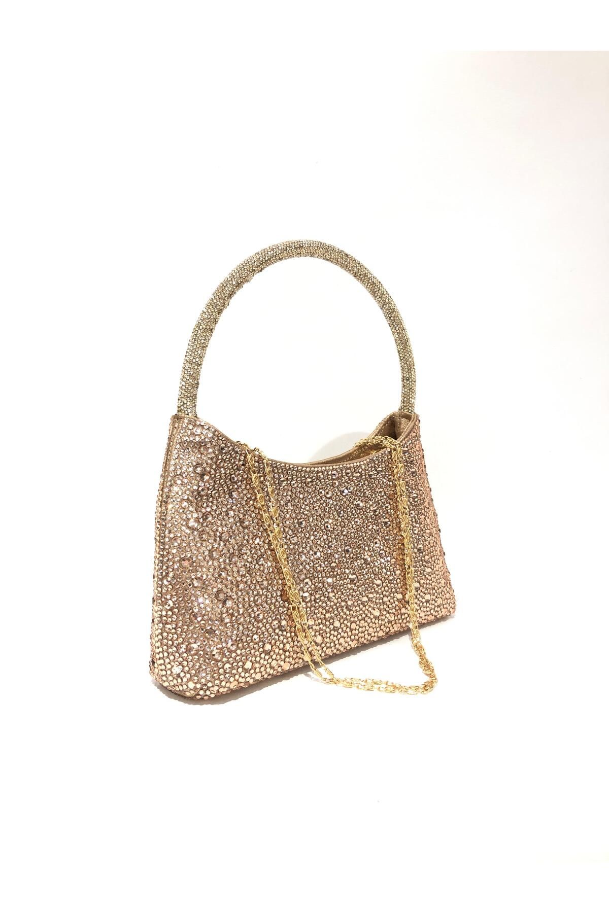 womenacs Altın Renk Su Damlası Taşlı Abiye Clutch Portföy Düğün Nişan Kına Kadın Gece Çantası (askılı)