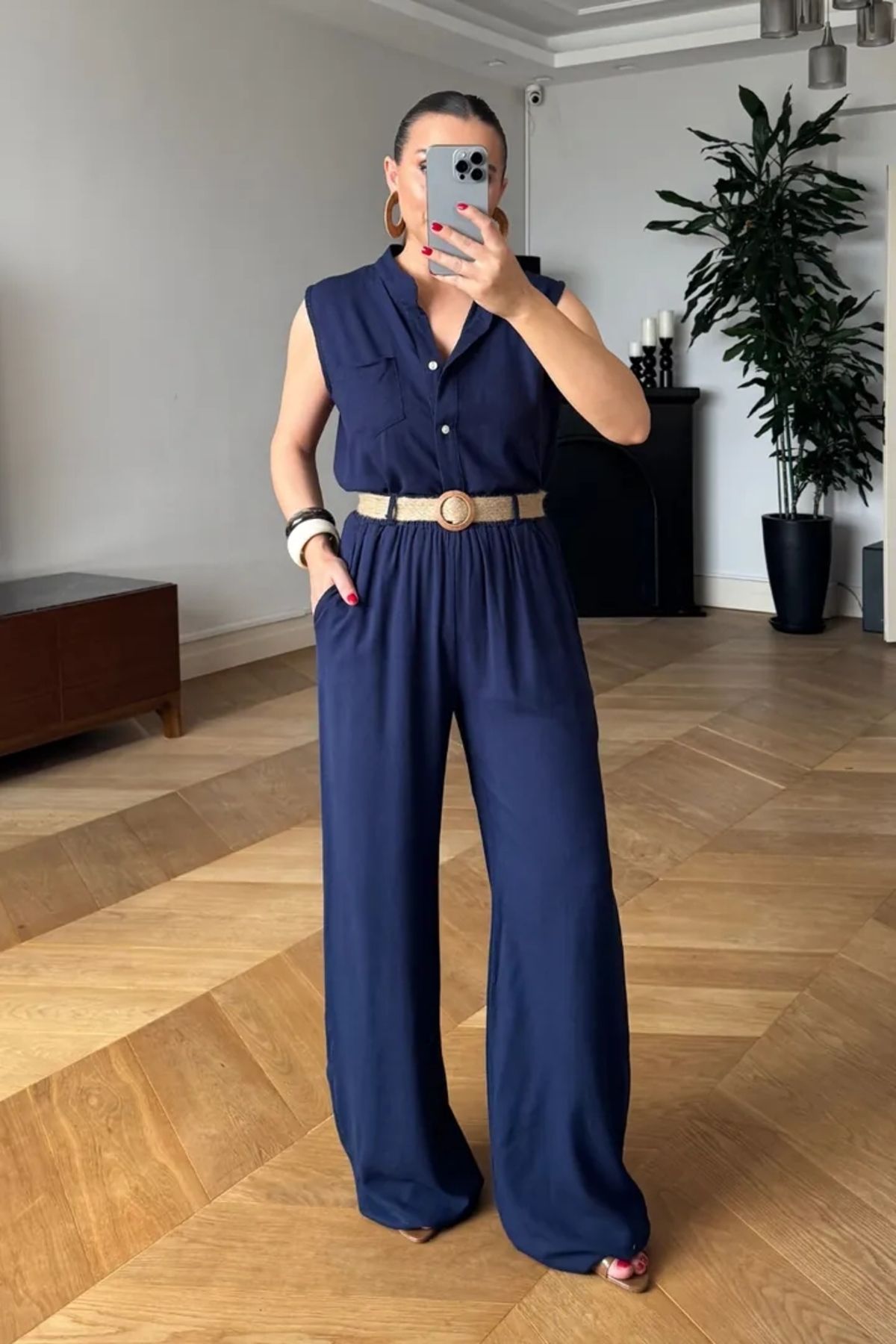 Tuba Butik Hakim Yaka Bluz Pantolon Keten Kadın Takım
