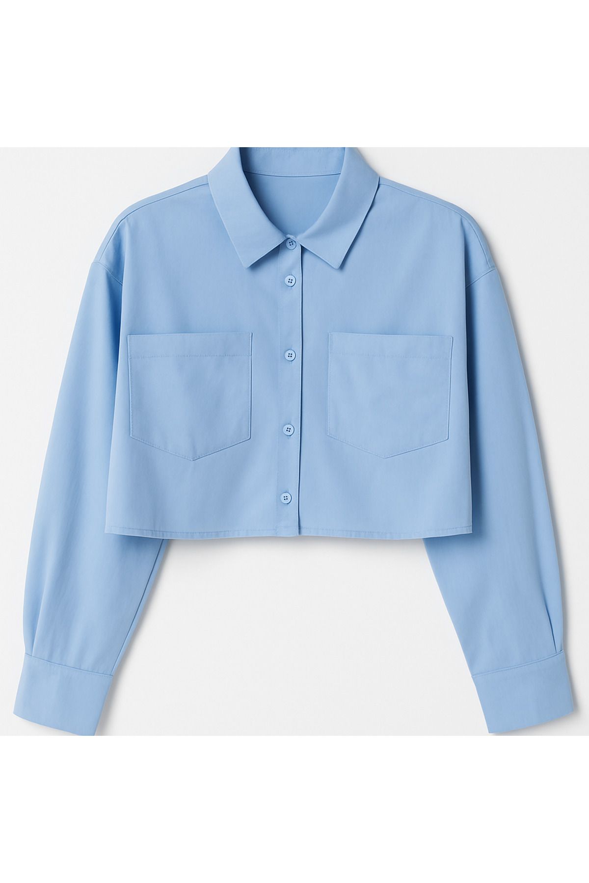 Butik Kadın Mavi Oversize Cropped Gömlek - Uzun Kollu