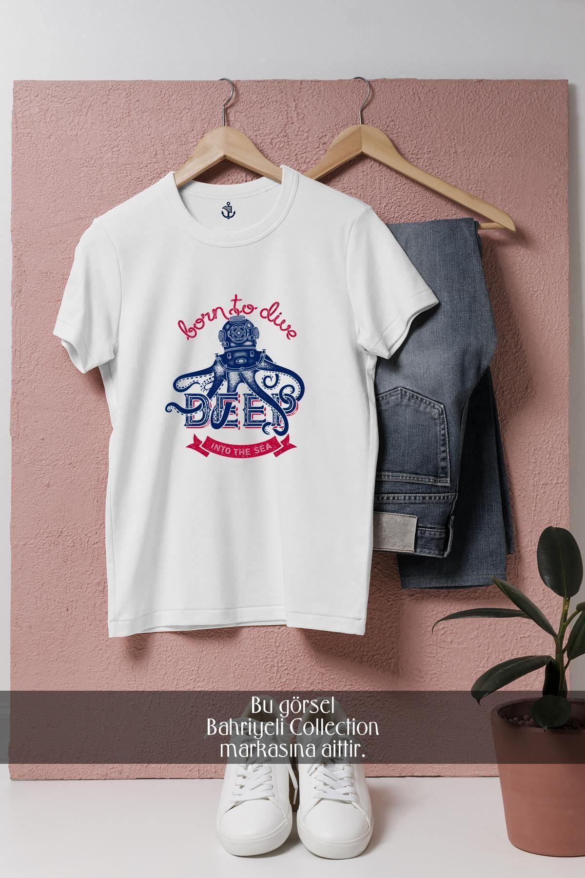 Bahriyeli Collection Oversize Born To Dive Ahtapot Tasarımlı Unisex T-Shirt