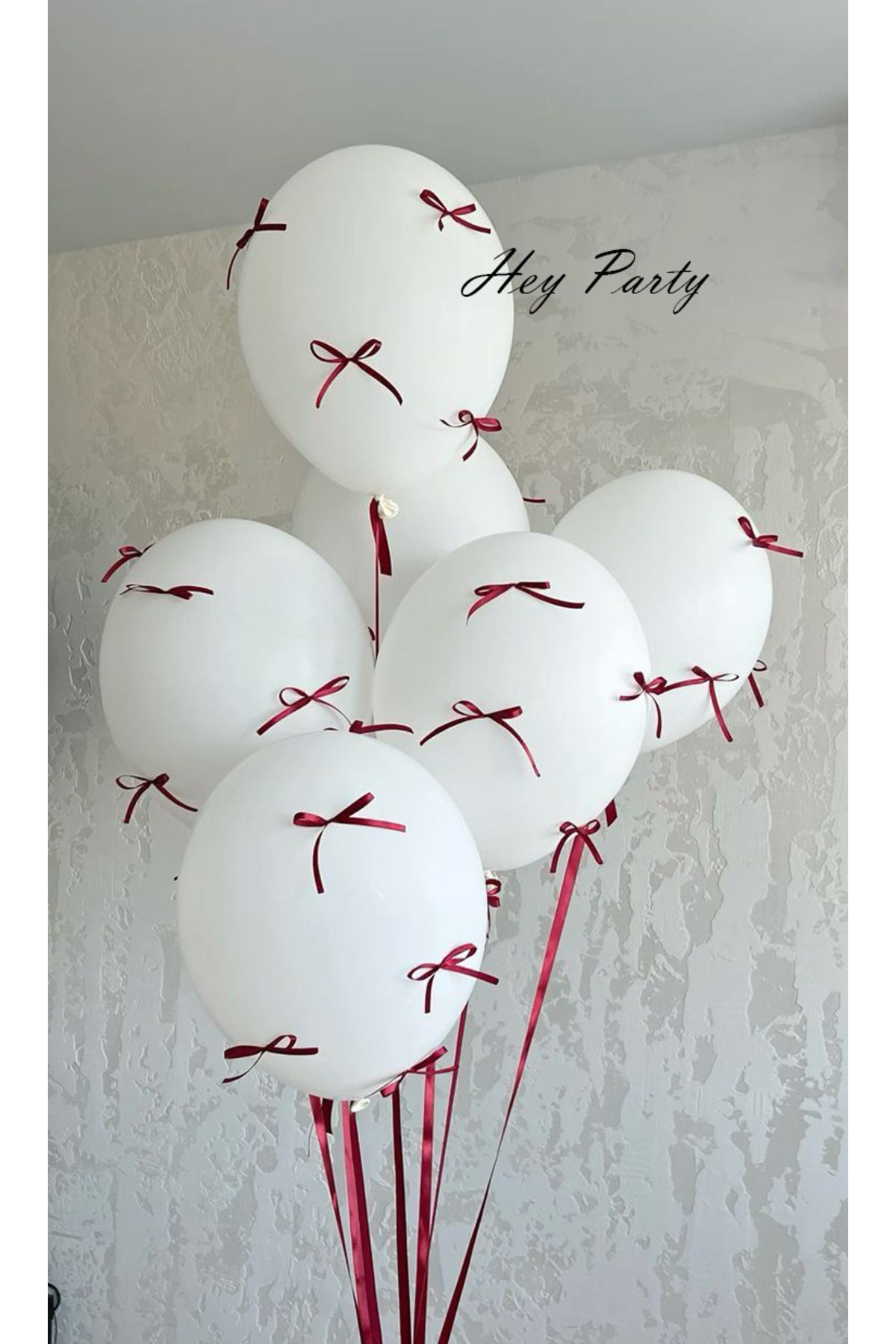 PartyPoo Bordo Fiyonk Kurdeleli Beyaz Balon Seti 10'lu- Doğum Günü Seti Fiyonklu Balon, Kurdeleli Balon