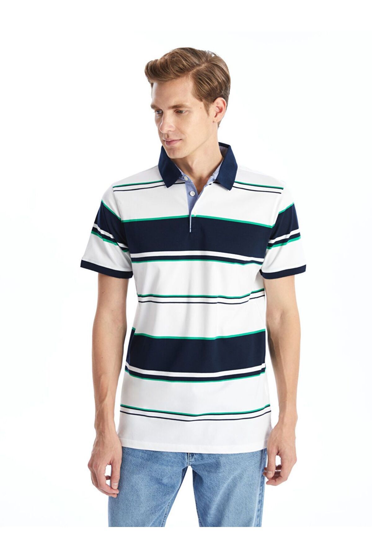 LC Waikiki Lacivert Polo Yaka Kısa Kollu Çizgili Erkek Tişört