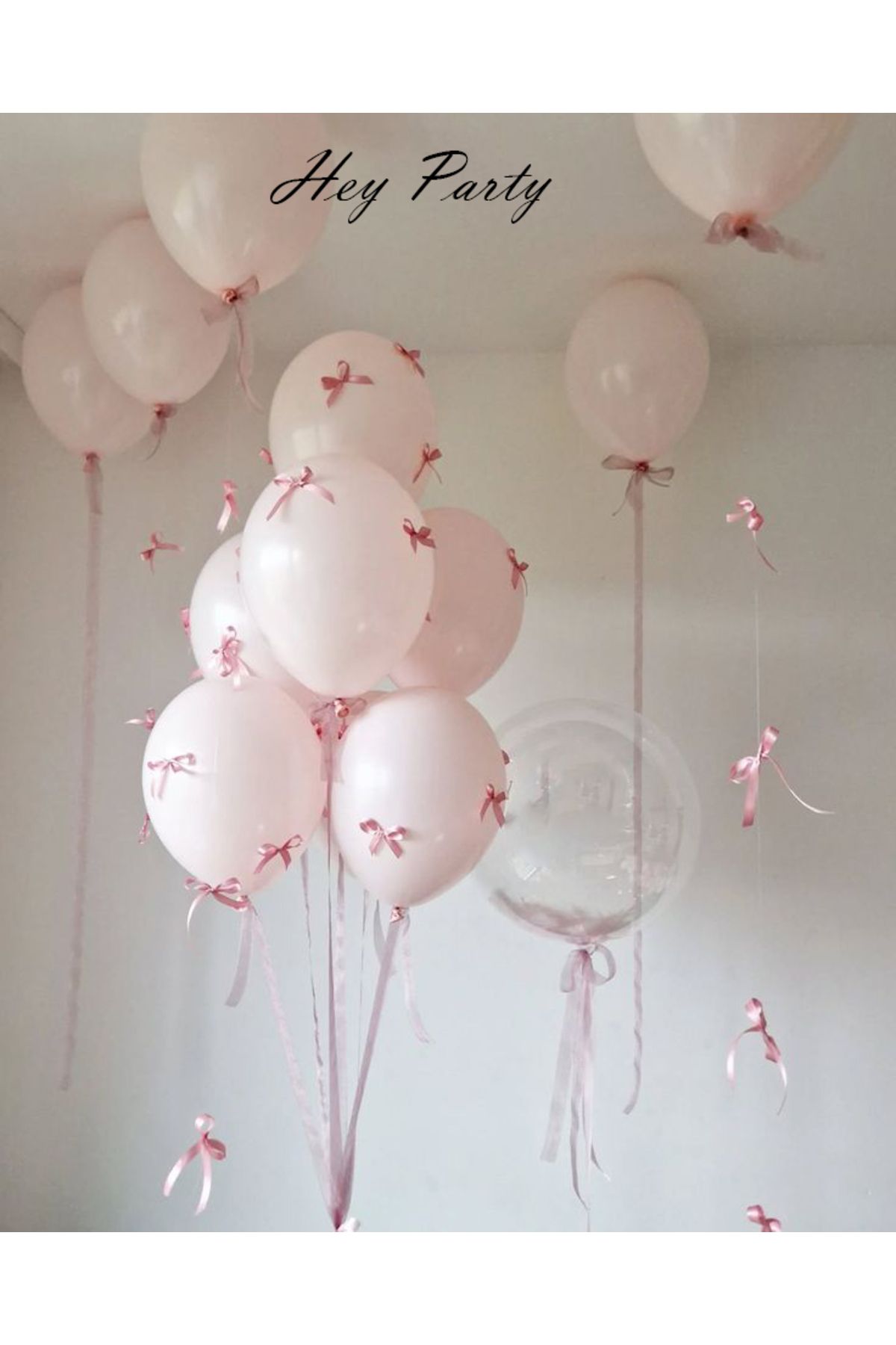 PartyPoo Pembe Balon Seti 10'lu Pembe Fiyonk Kurdeleli - Doğum Günü Seti Fiyonklu Balon, Kurdeleli Balon