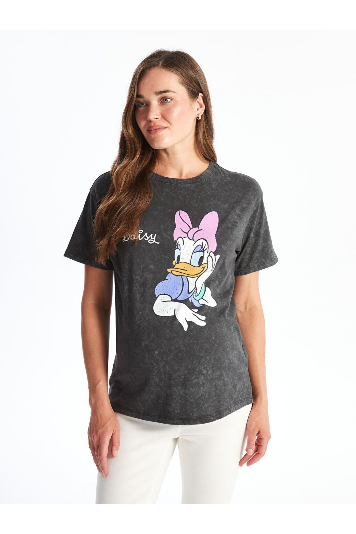 LC Waikiki Gri Bisiklet Yaka Daisy Duck Baskılı Kısa Kollu Hamile Tişört