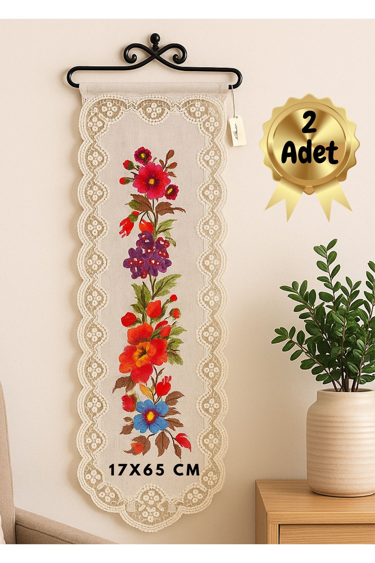 BRE HOME 2'li Dantel İşlemeli Çiçek Desenli Duvar Süsü 17x65 cm | Vintage Salon & Mutfak Dekoru
