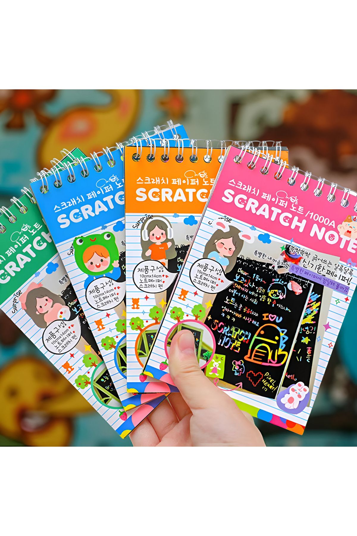 Tim-Set of 4 notebooks with scratch-off pages, Magic Scratch, 10 Pages, Rainbow, Wooden Pencil, Black Cards 5