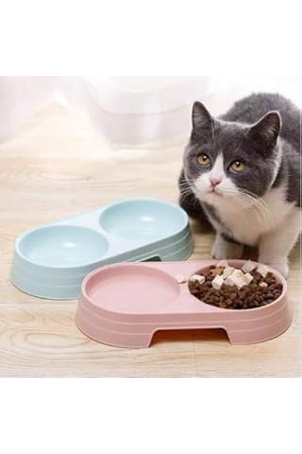 Mu Art Ahşap İkili Evcil Hayvan Mama Ve Su Kabı, Kedi Köpek Için Çift Bölmeli Beslenme Kabı, Karışık Renk