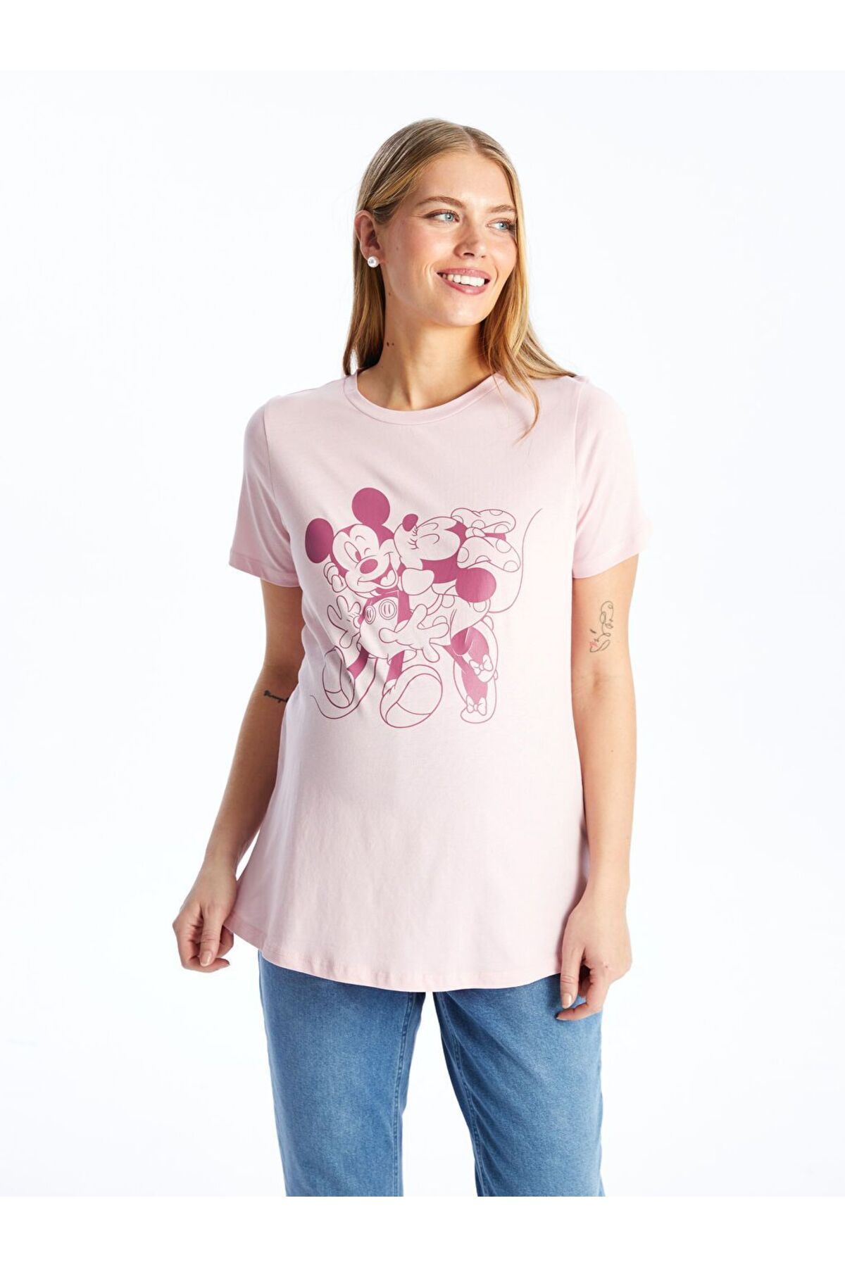 LC Waikiki Pembe Bisiklet Yaka Mickey ve Minnie Mouse Baskılı Kısa Kollu Hamile Tişört