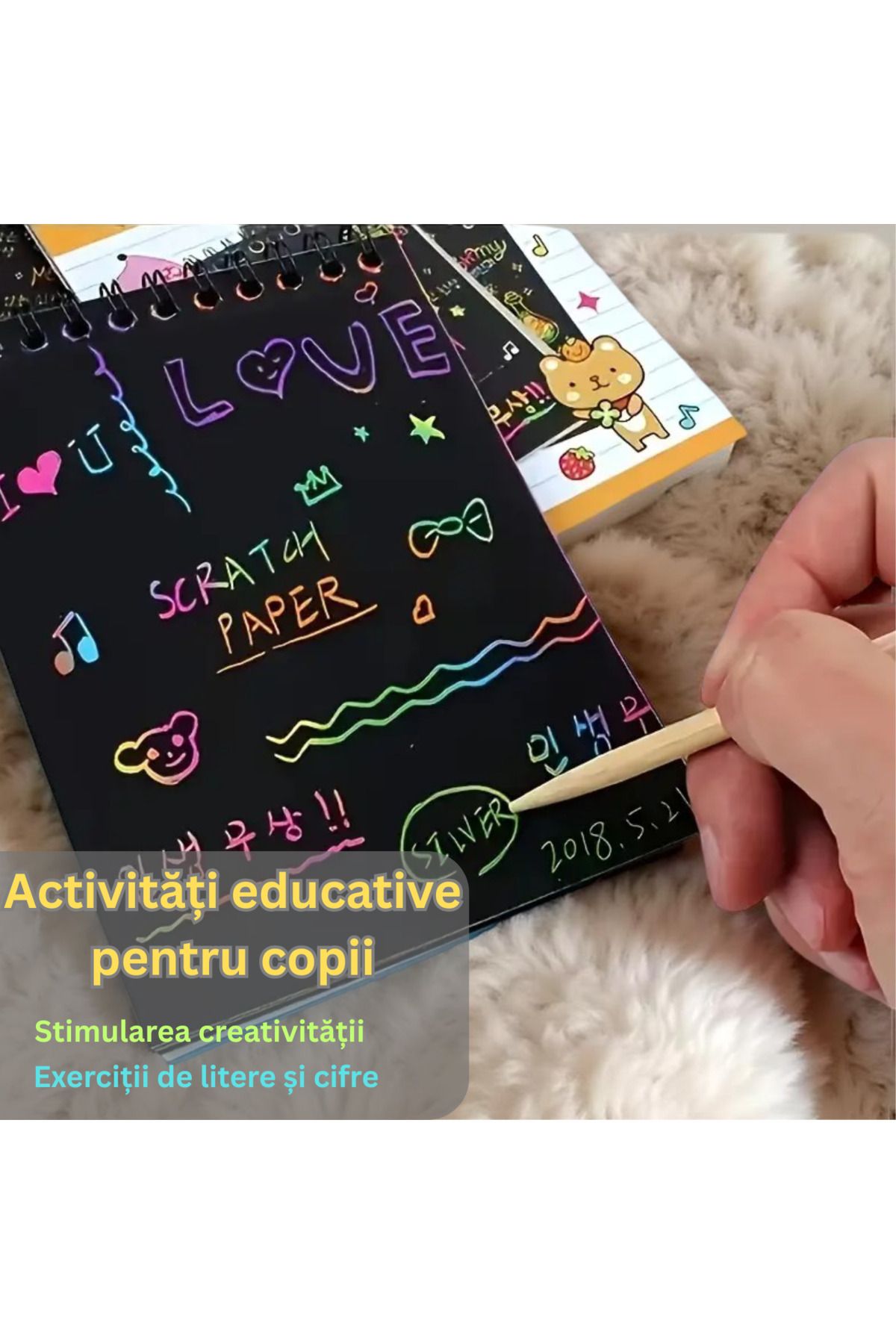 Tim-Set of 4 notebooks with scratch-off pages, Magic Scratch, 10 Pages, Rainbow, Wooden Pencil, Black Cards 2