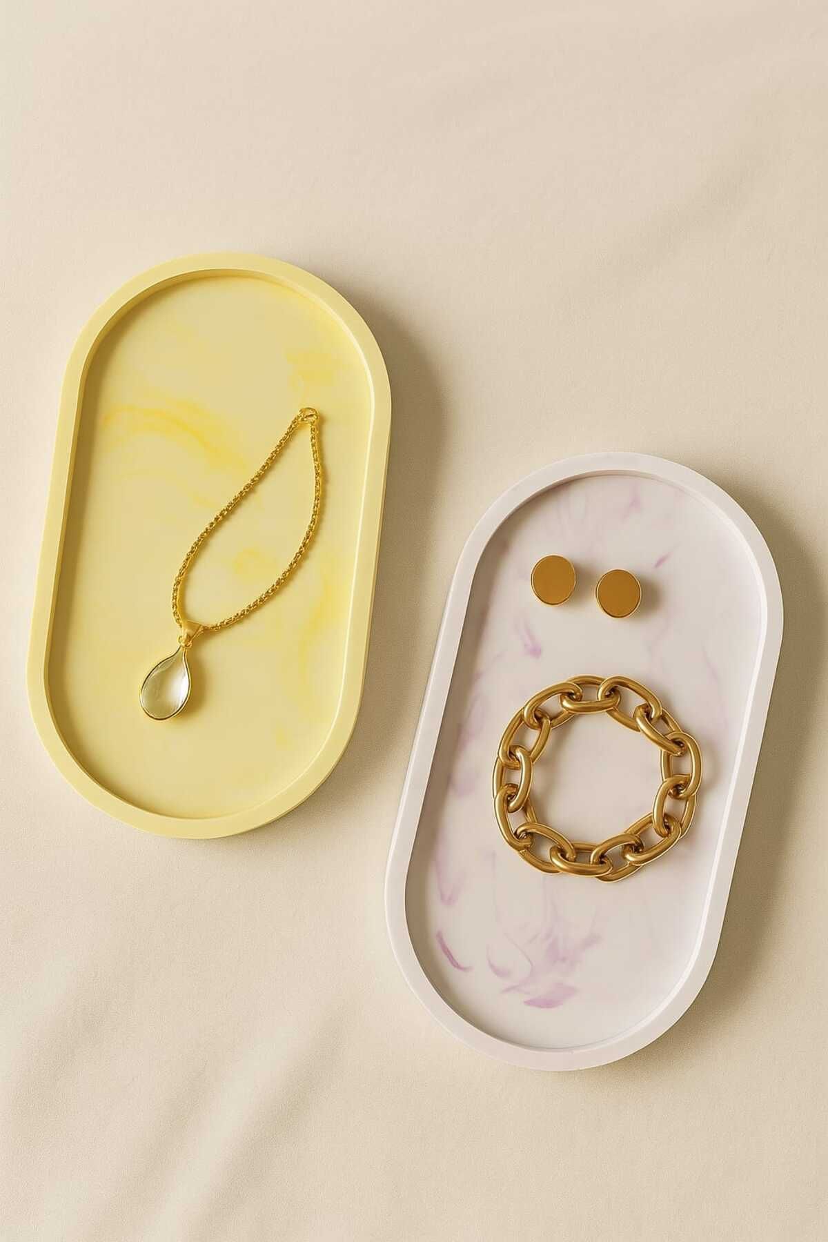 Zenithart Dekoratif 2'li Oval Tabak Set Mor-Sarı Renk Uyumlu Takı Tabağı