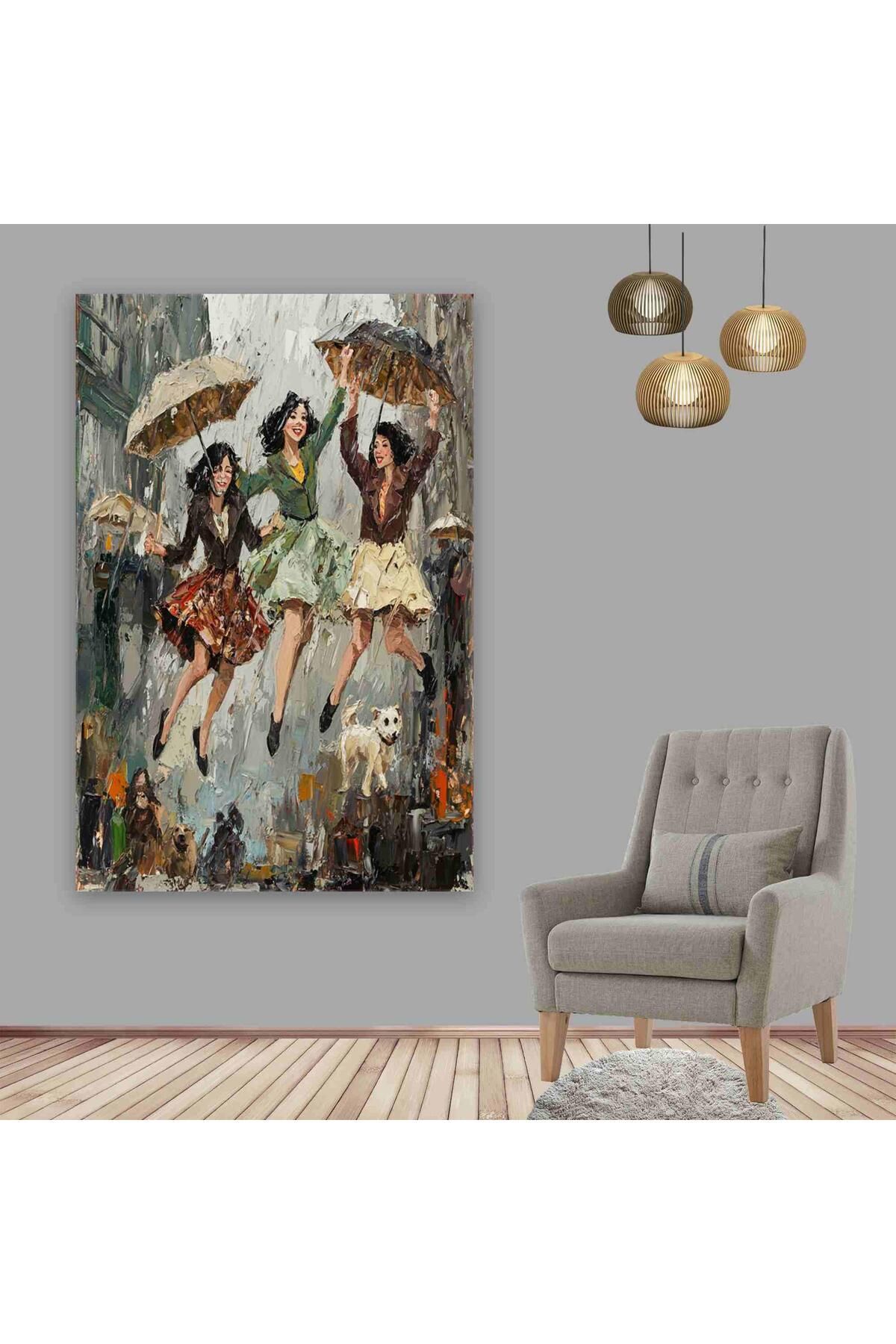 Ritmo Canvas Yağmurda Eğlenen Üç Kadın Kanvas Tablo