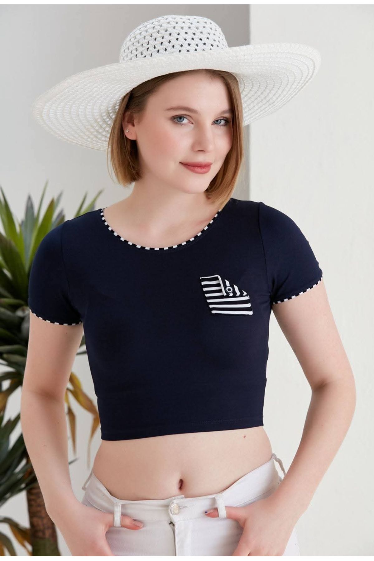 LUSHİGO Kadın Kontrast şeritli Penye Crop