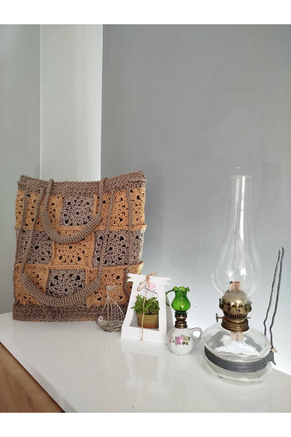 YASMİNEL El Yapımı İçi Astarlı Vizyon ve Cappuccino Renk Motif El Örgüsü Çanta