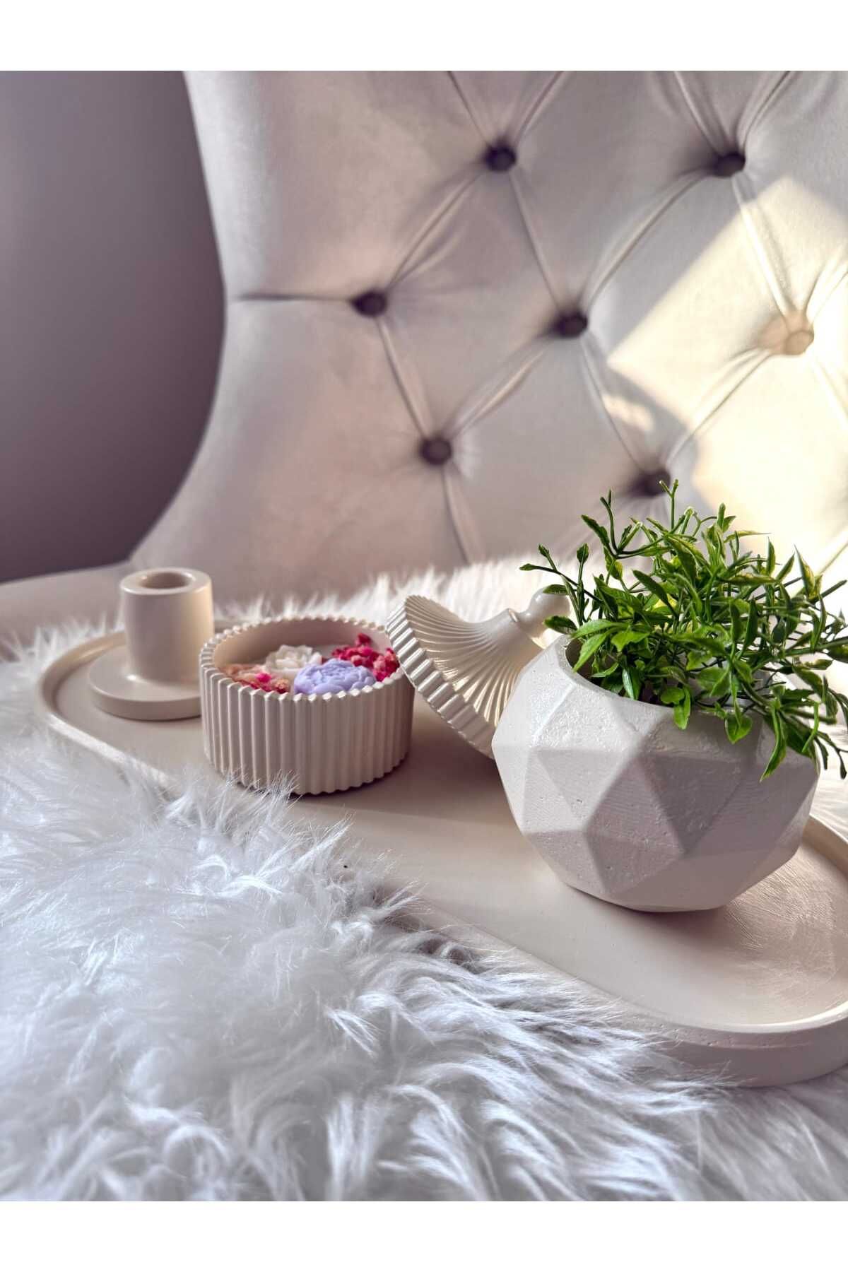 JUSTAR Dekoratif Oval Bej Renkli Sunumluk , Özel Tasarımlı Mum Kase, Vazo , Mumluk- 4lü Set Takım