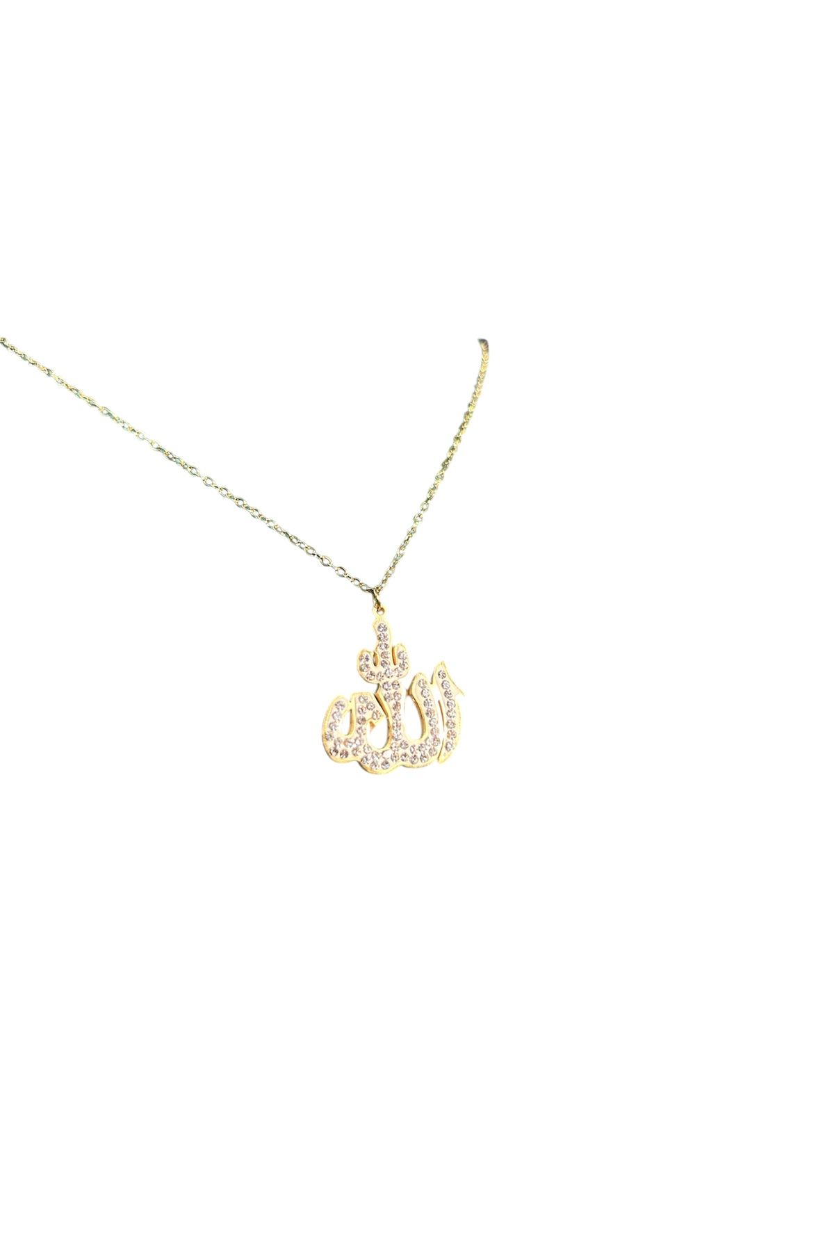 GOOG DESIGN Allah Yazılı Taşlı Gold Renk Çelik Kolye – Özel Tasarım Manevi Takı
