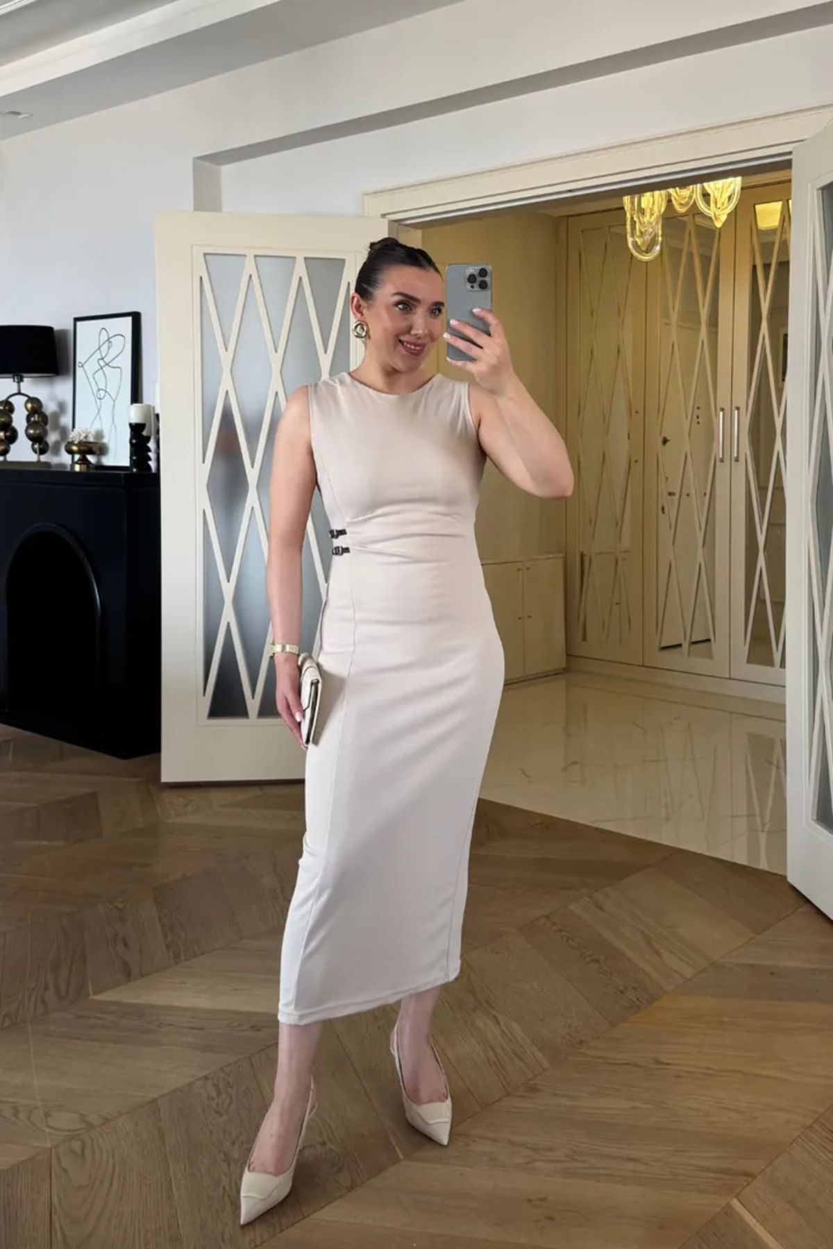 Tuba Butik Drape Detaylı Midi Elbise