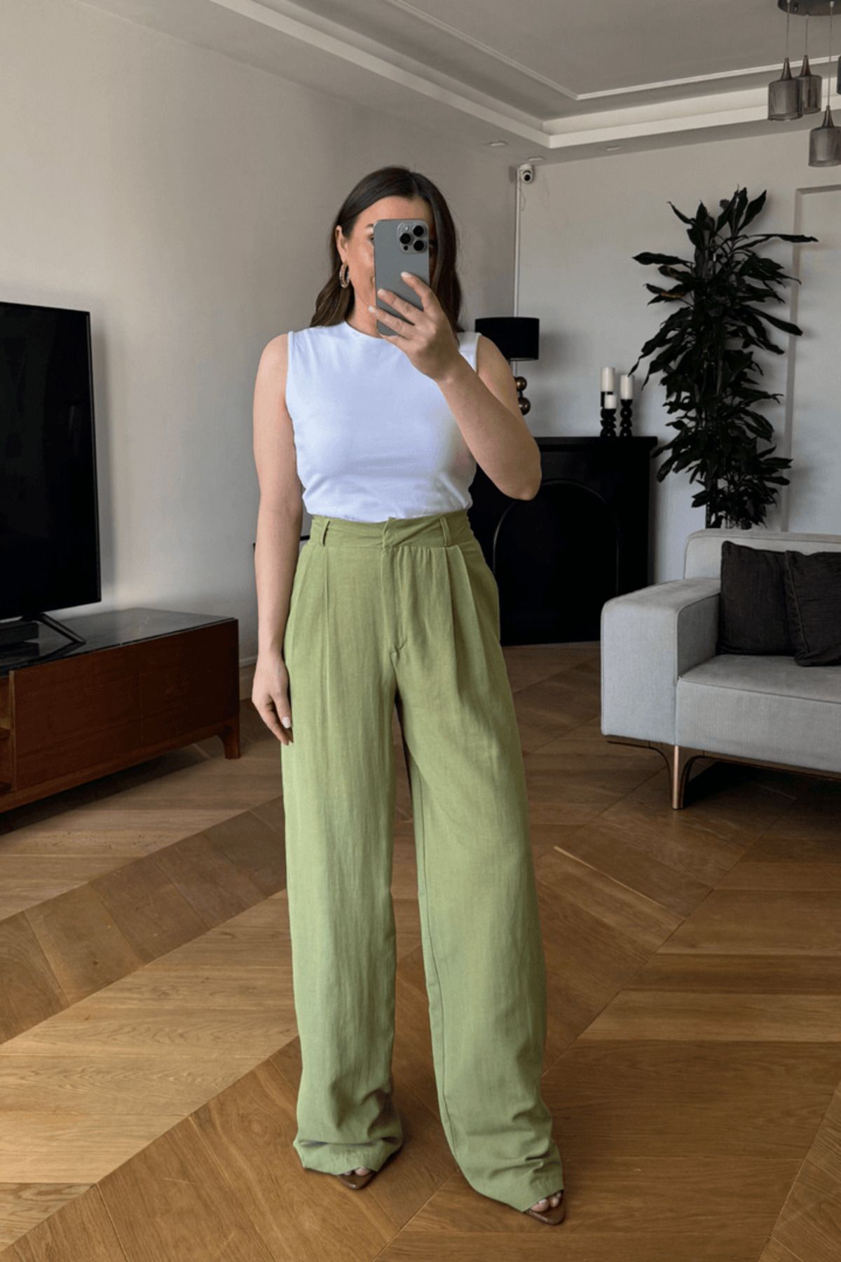 Tuba Butik Pile Detaylı Keten Karışımlı Kadın Pantolon