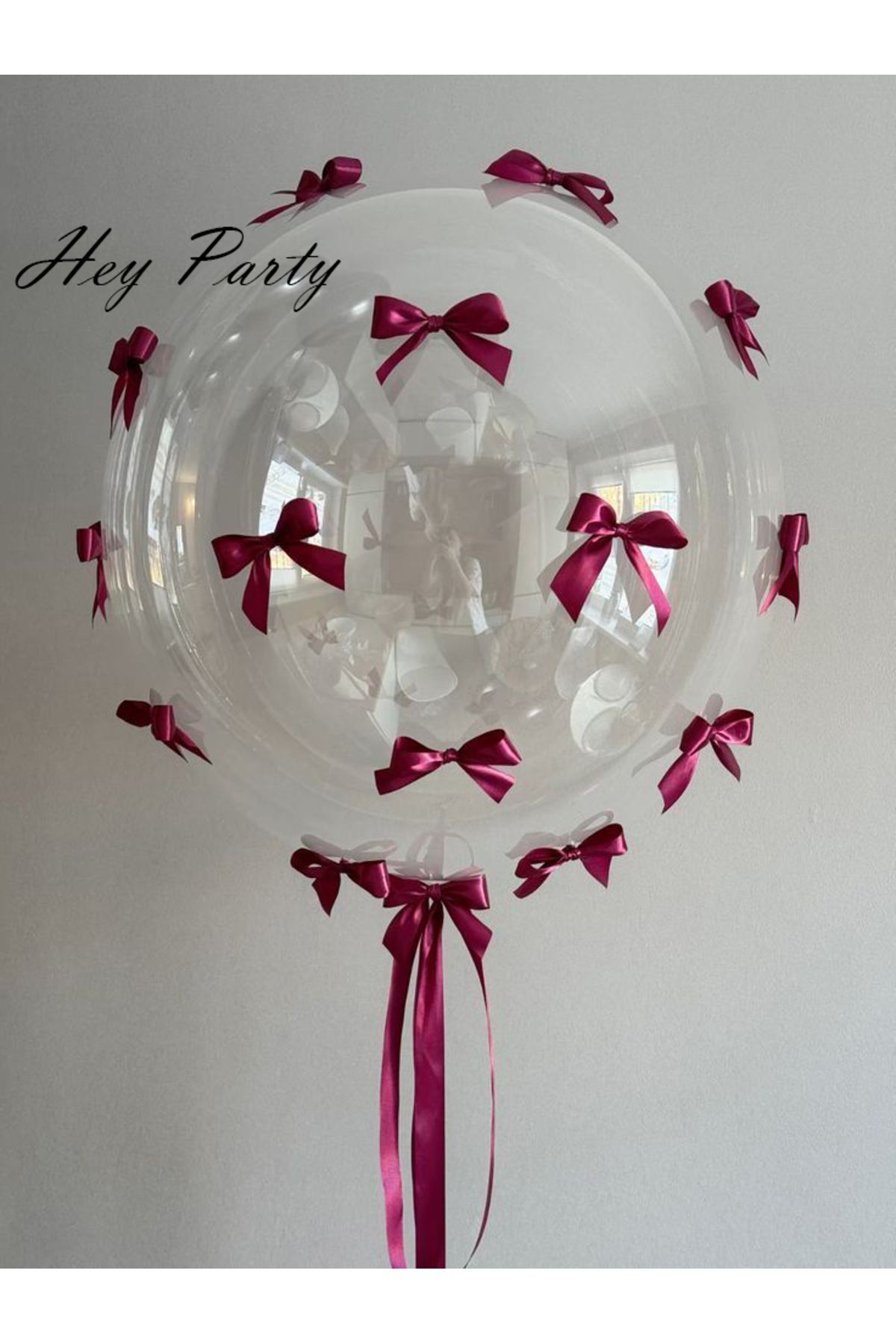 PartyPoo 10 Adet Bordo Fiyonk Kurdeleli - 1 Adet Şeffaf Bobo Balon Seti - Fiyonklu Balon, Kurdeleli Balon