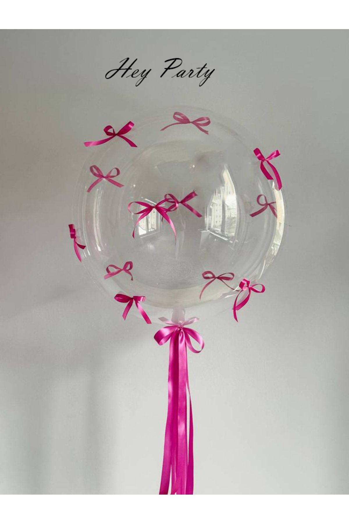 PartyPoo 10 Adet Fuşya Fiyonk Kurdeleli - 1 Adet Şeffaf Bobo Balon Seti Fiyonklu Balon, Kurdeleli Balon