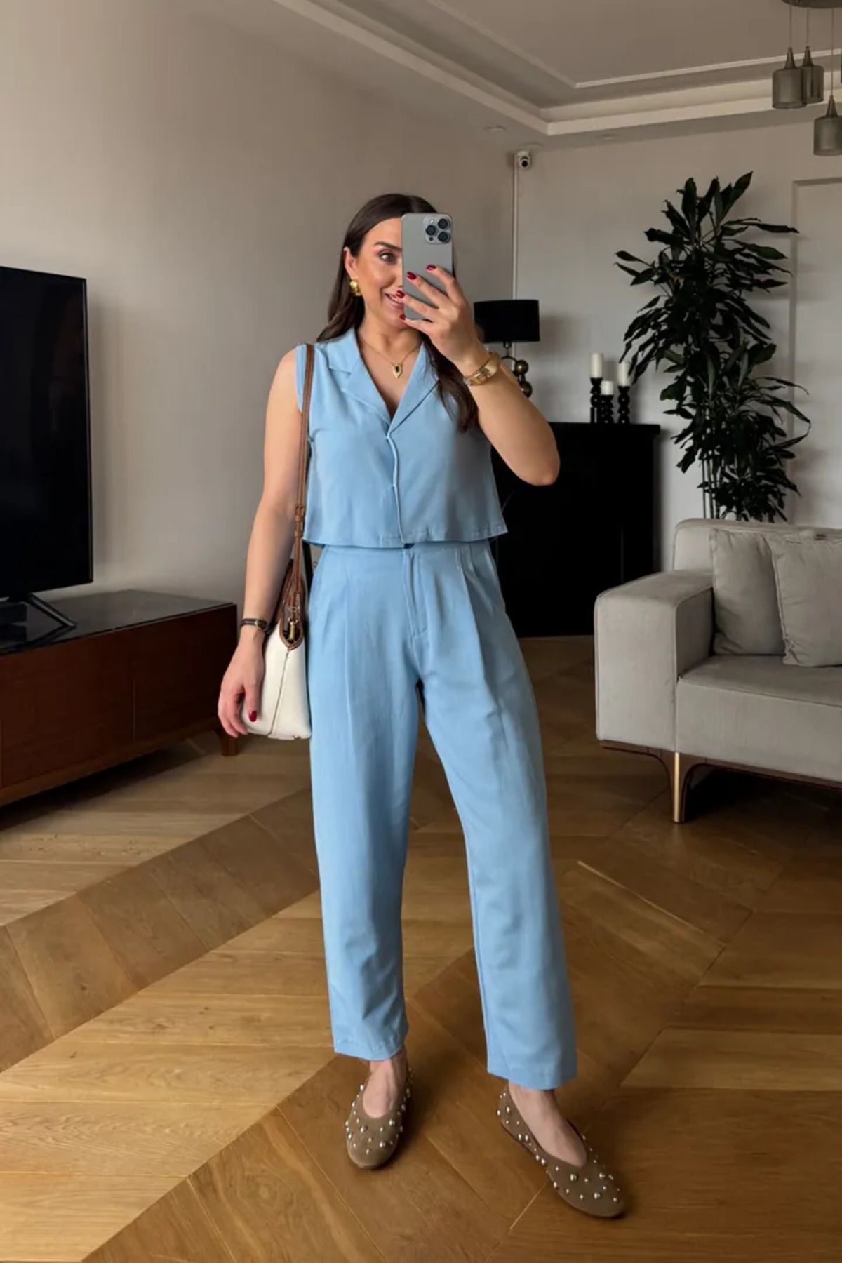 Tuba Butik Keten Yelek Pantolon Kadın Takım