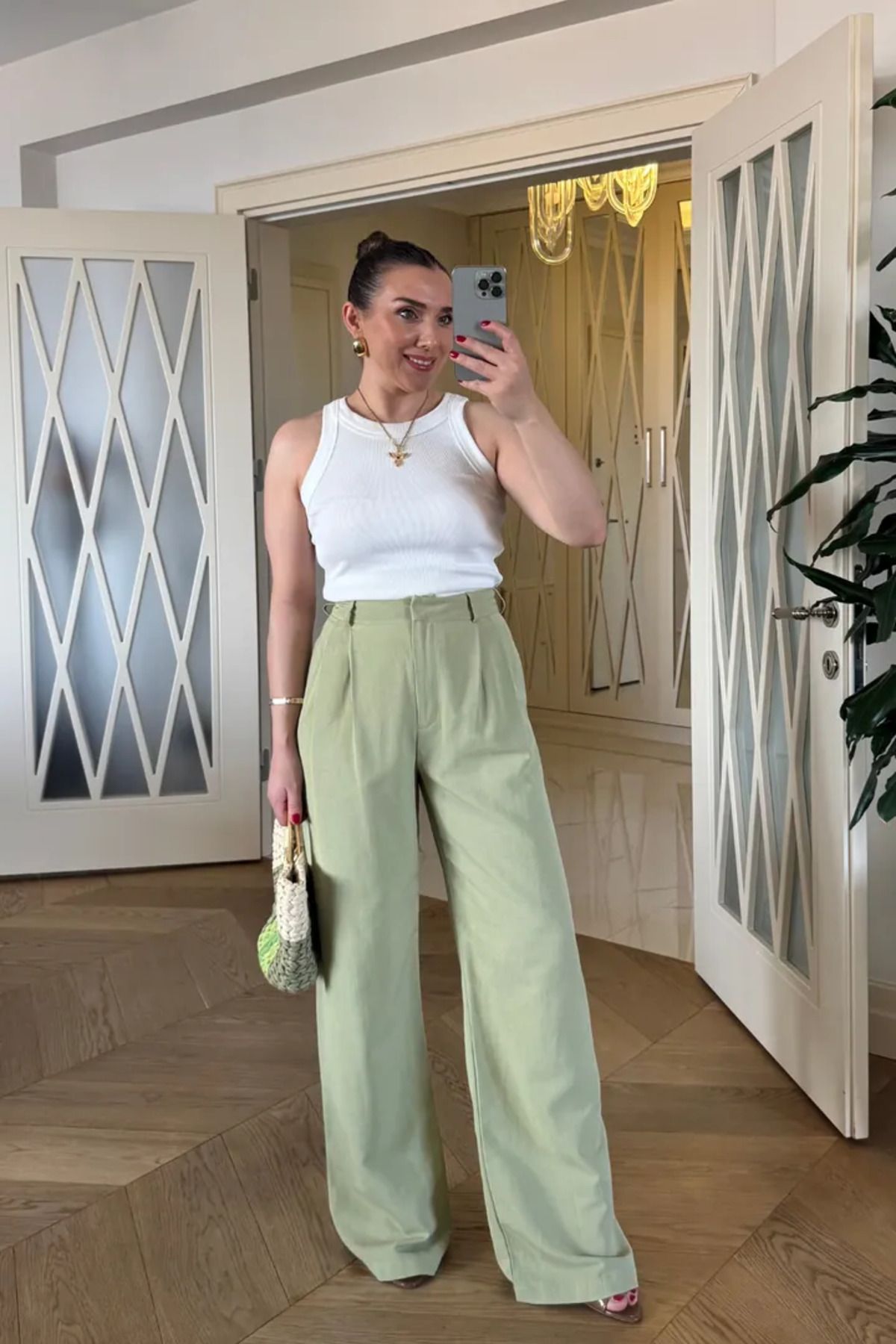 Tuba Butik Pile Detaylı Keten Karışımlı Kadın Pantolon