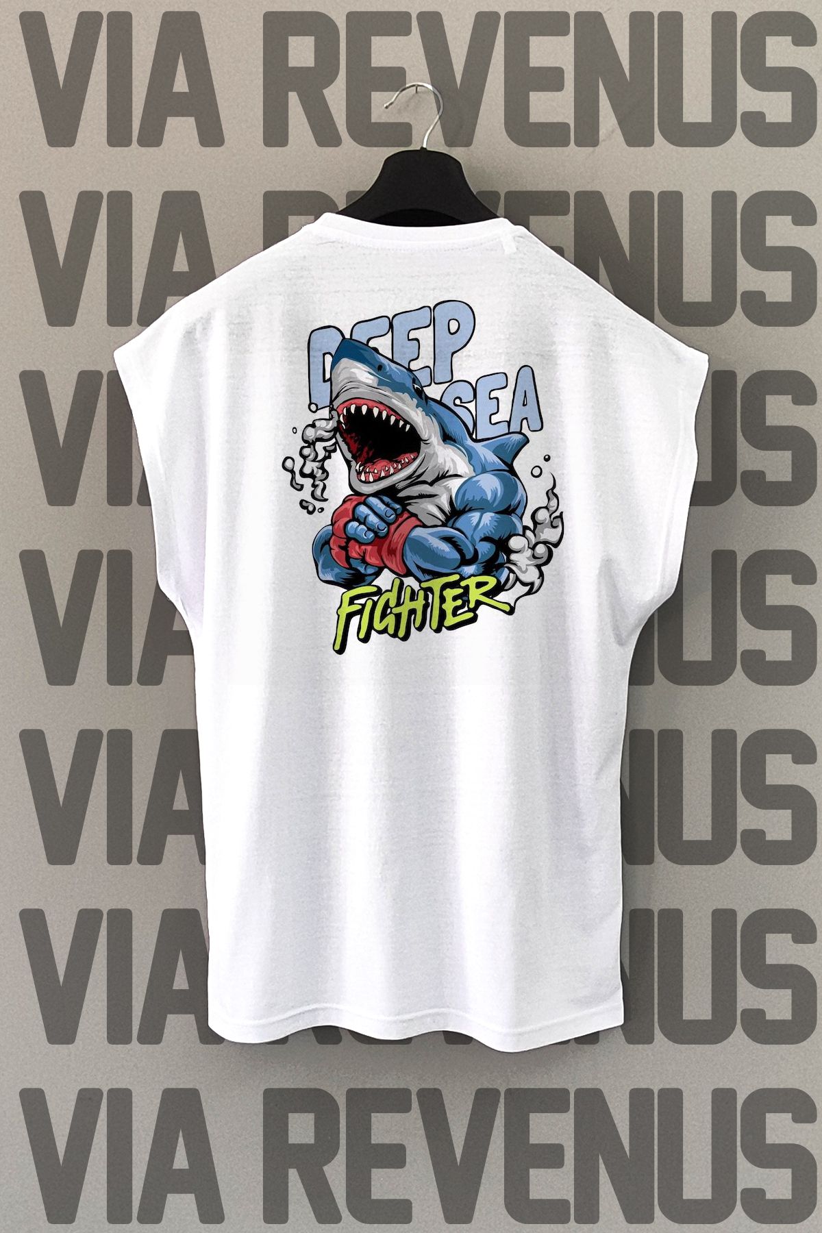 Vordevia Shark Fighter Gym Sırt Baskılı Sıfır Kollu Bisiklet Yaka Spor Tshirt
