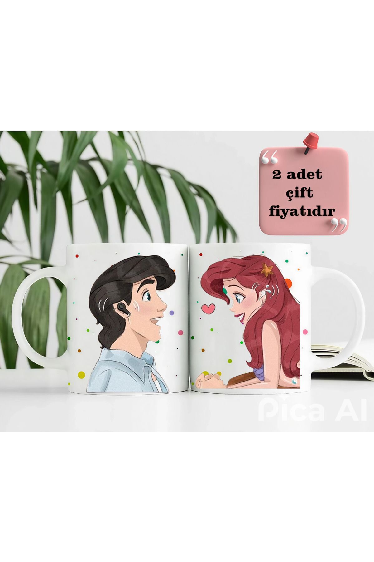 GünayStore Prenses Ariel & Prens Eric 2’li Sevgili Hediye Kupası Bardak Kahve Çay Fincanı 300 ml