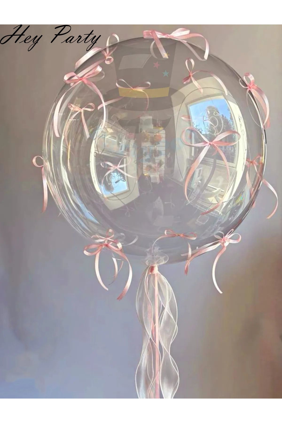 PartyPoo 10 Adet Pembe Fiyonk Kurdeleli - 1 Adet Şeffaf Bobo Balon Seti - Fiyonklu Balon, Kurdeleli Balon