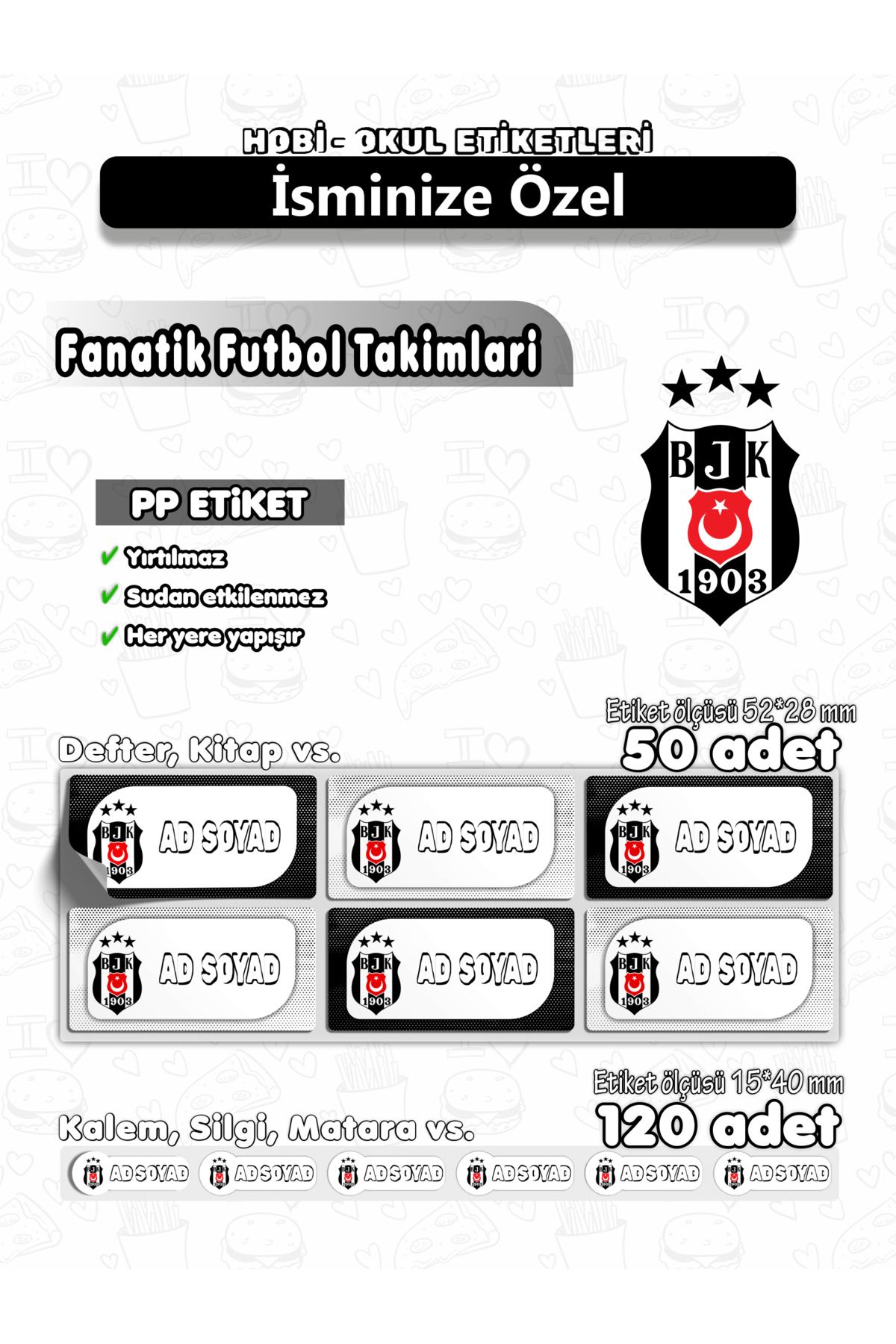 AGG Reklam Pp Yırtılmaz Etiket BJK Isme Özel Hobi - Okul Seti 170 Adet