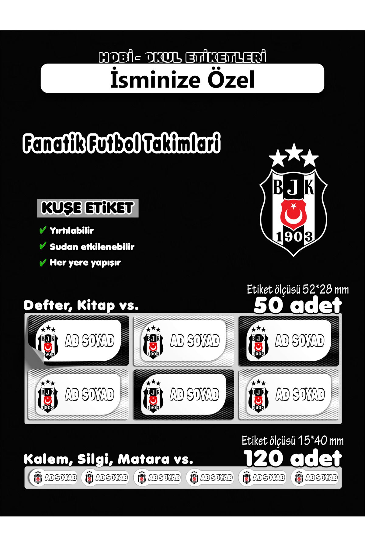 AGG Reklam Kuşe Kağıt Etiket BJK İsme Özel Hobi - Okul Seti 170 Adet