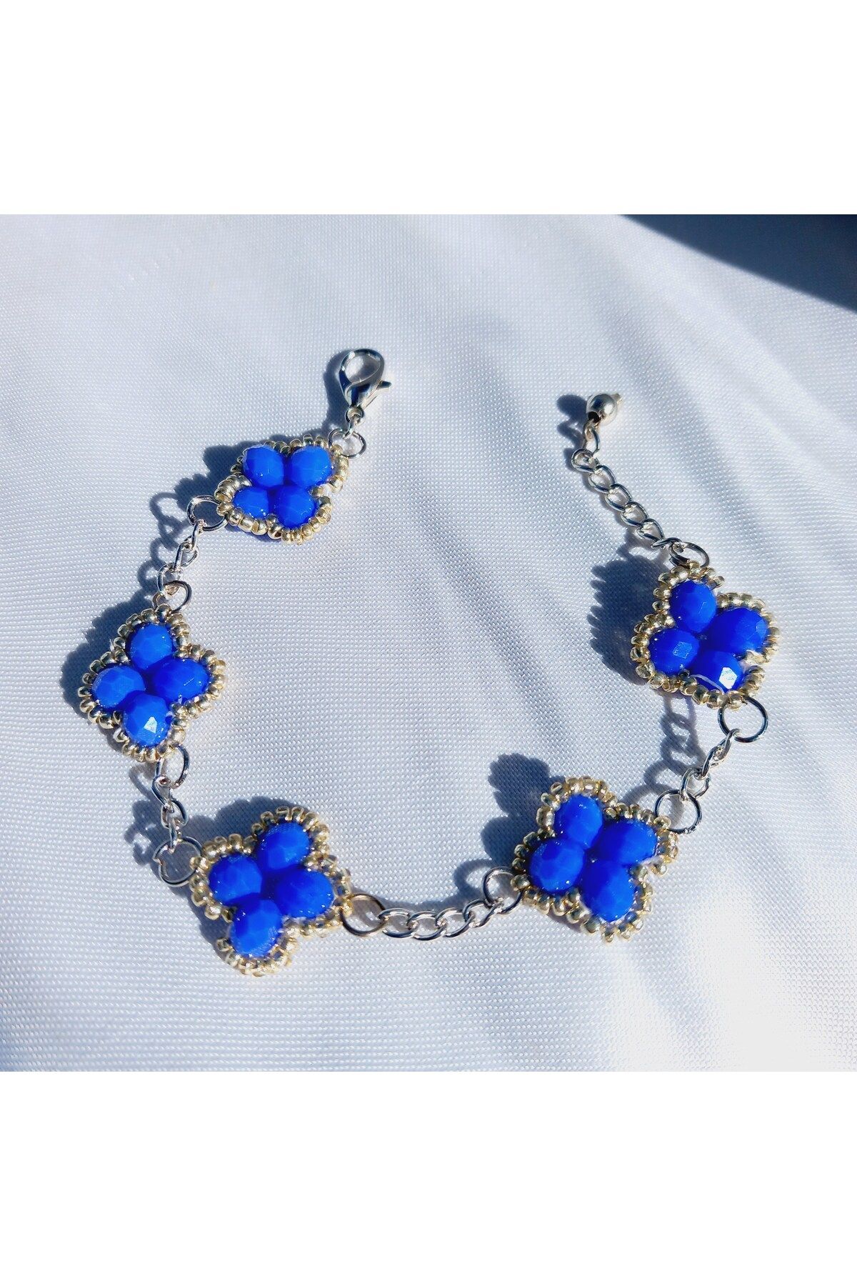Crystal Atelier Mavi Kristal Taşlı Van Cleef Yonca Çelik Bileklik-Gümüş Kaplama Yonca Detaylı Çift Taraflı Bileklik