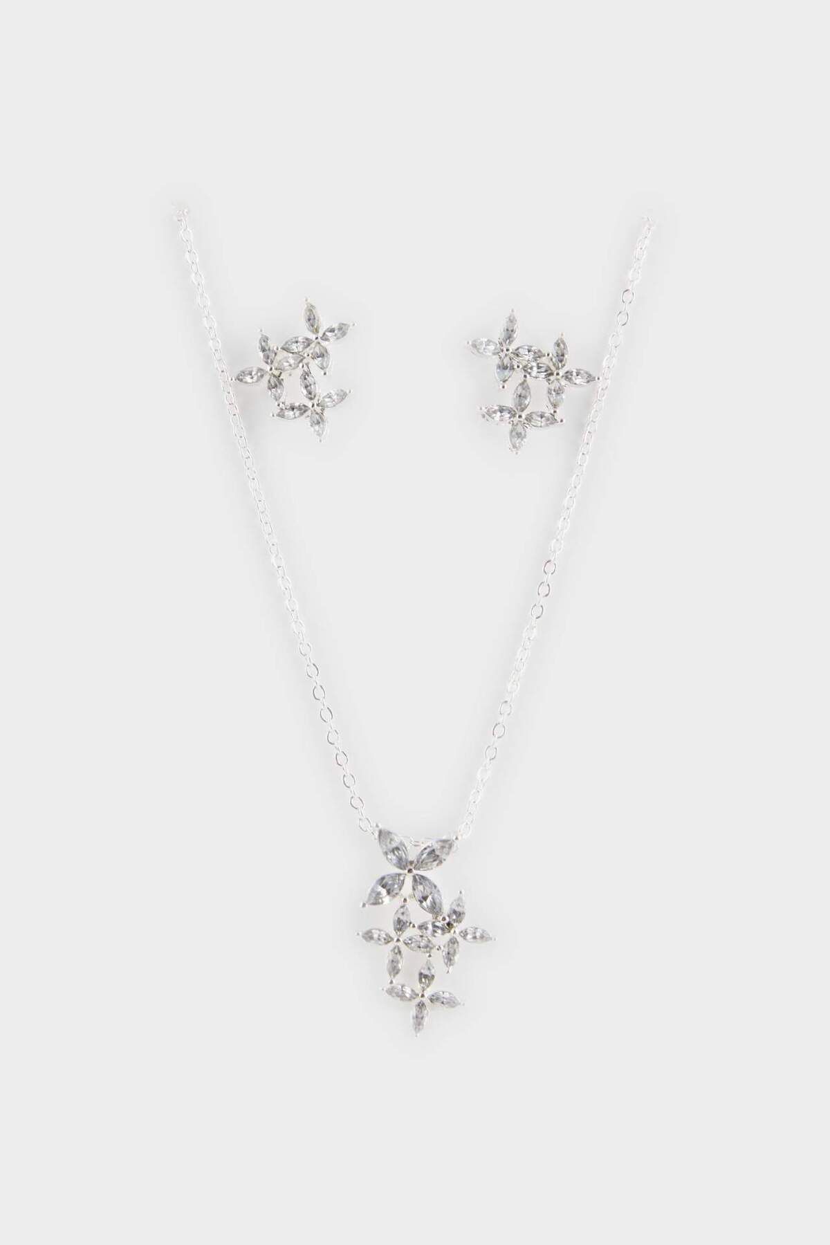 DeFacto Kadın Taşlı Çiçekli Silver Kolye Küpe Seti F5959AXNS