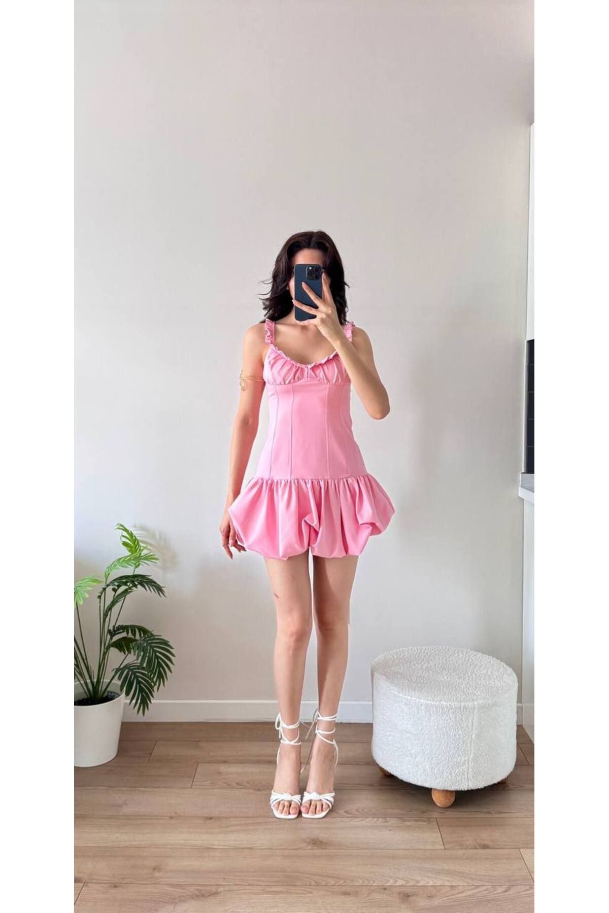 MODA NUR ETEK BALON ASKILARI FIRFIRLI DAR ELBİSE
