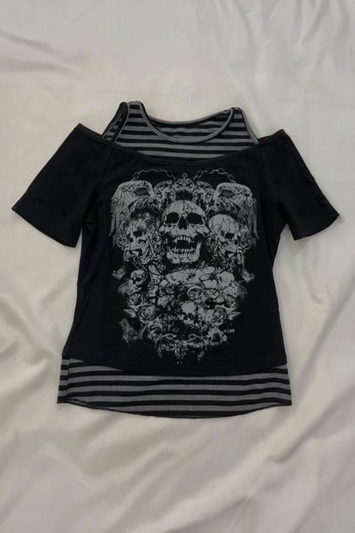 Karakedi Gothic Punk Skuls Face Ek Çizgili Askılı Kısa Kollu Siyah Bluz