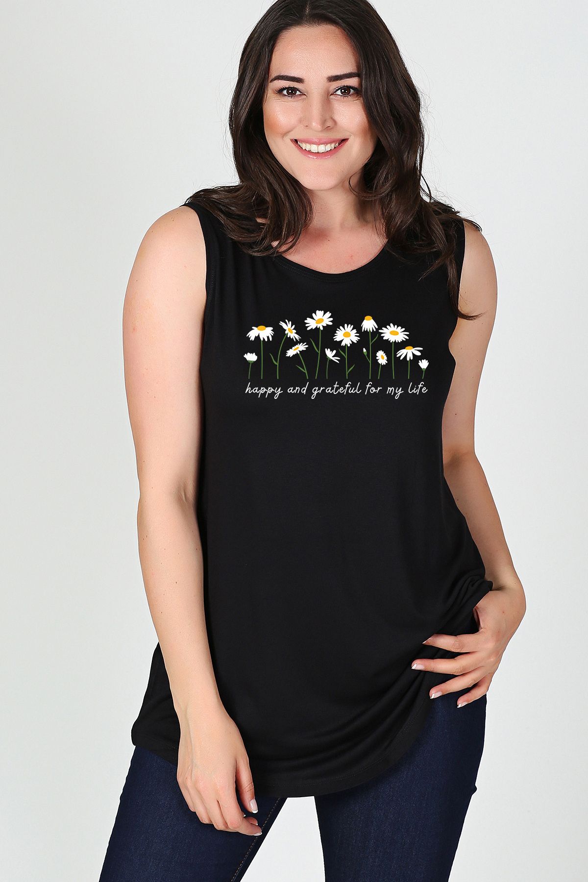 Curvy Trend Büyük Beden Daisies Baskılı Kolsuz Viskon Basic Bluz