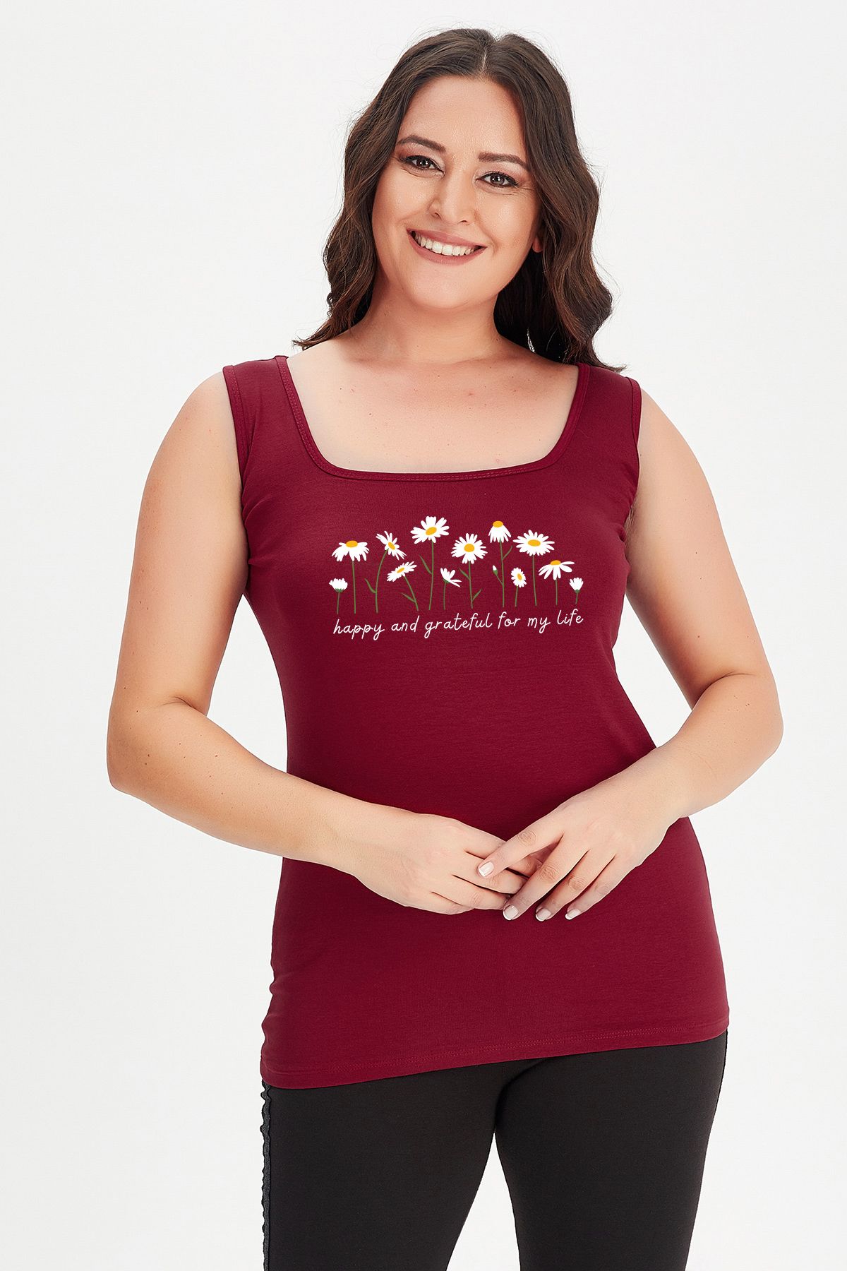 Curvy Trend Büyük Beden Daisies Baskılı Kare Yaka Kalın Askılı Atlet Bluz