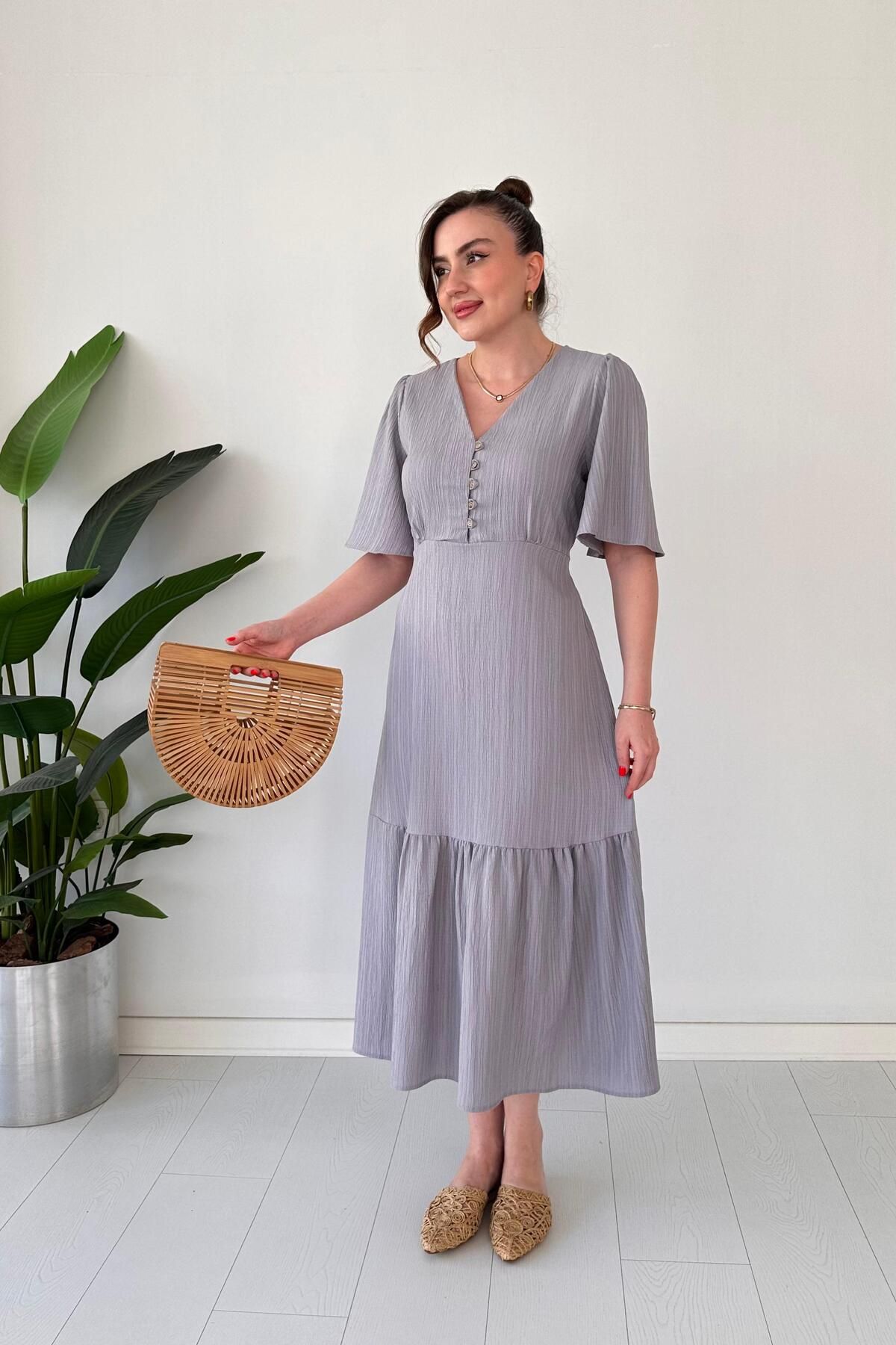 MaziButik Çan Kollu Dokulu Elbise Gri