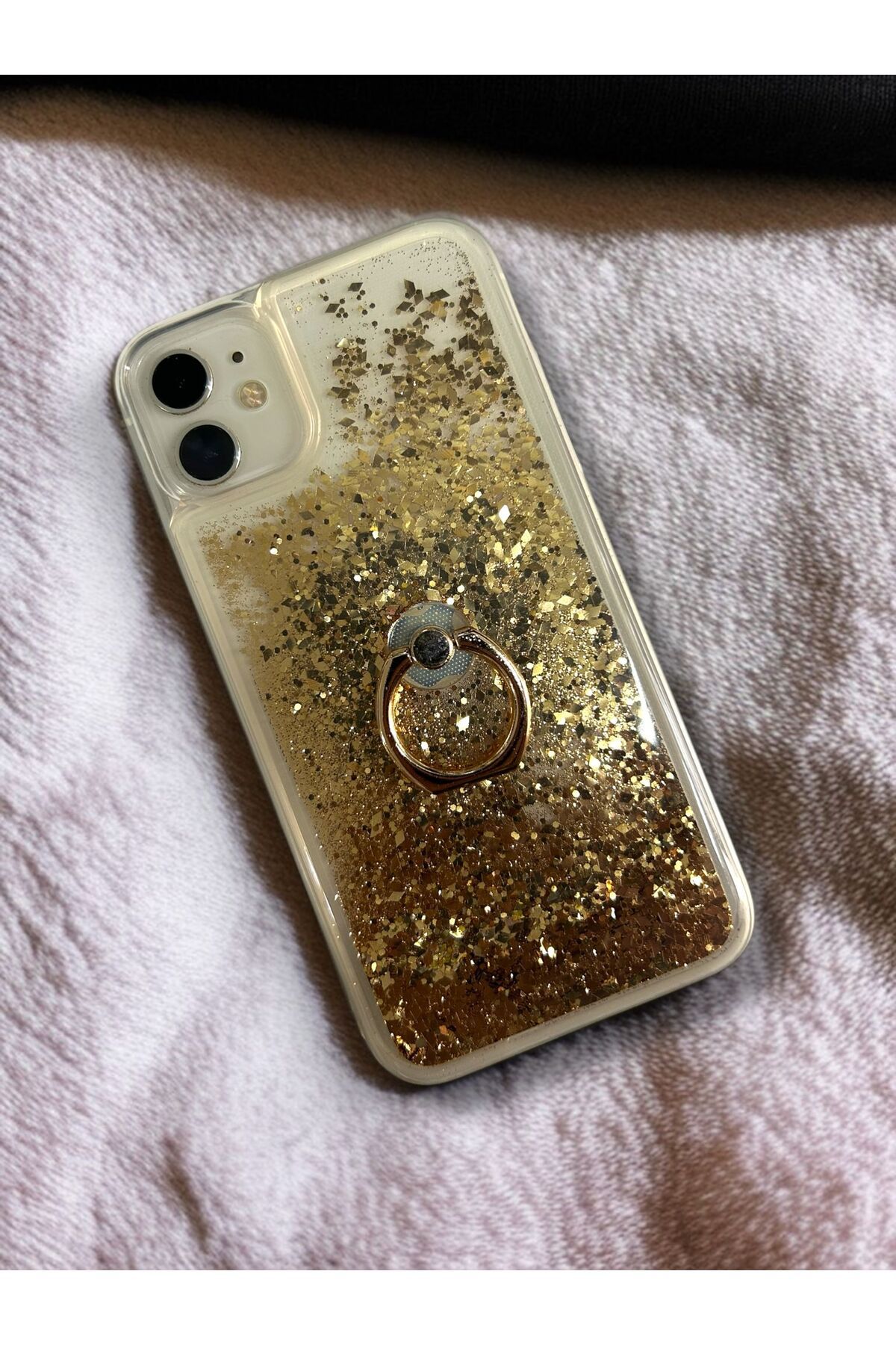 Merwish Apple iPhone 11 Uyumlu Sulu Simli Yüzüklü Standlı Parlak Silikon Kılıf Gold