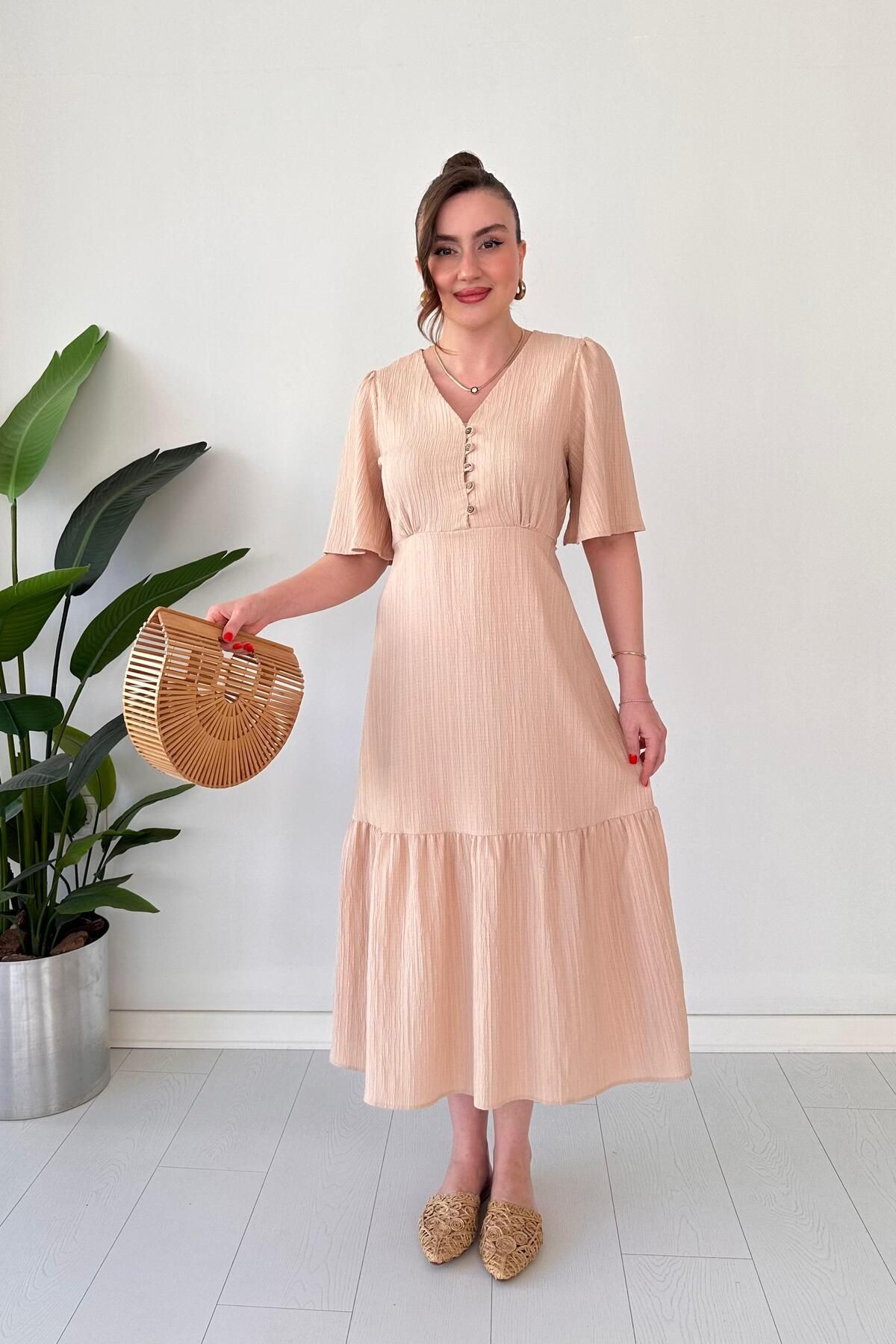 MaziButik Çan Kollu Dokulu Elbise Krem