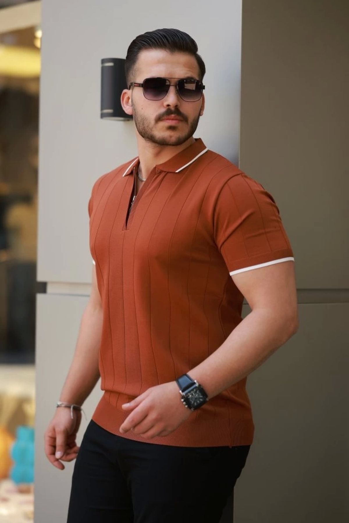 Butik Erkek Fermuar Yakalı çizgi Dokulu Kısa Kollu Tişört
