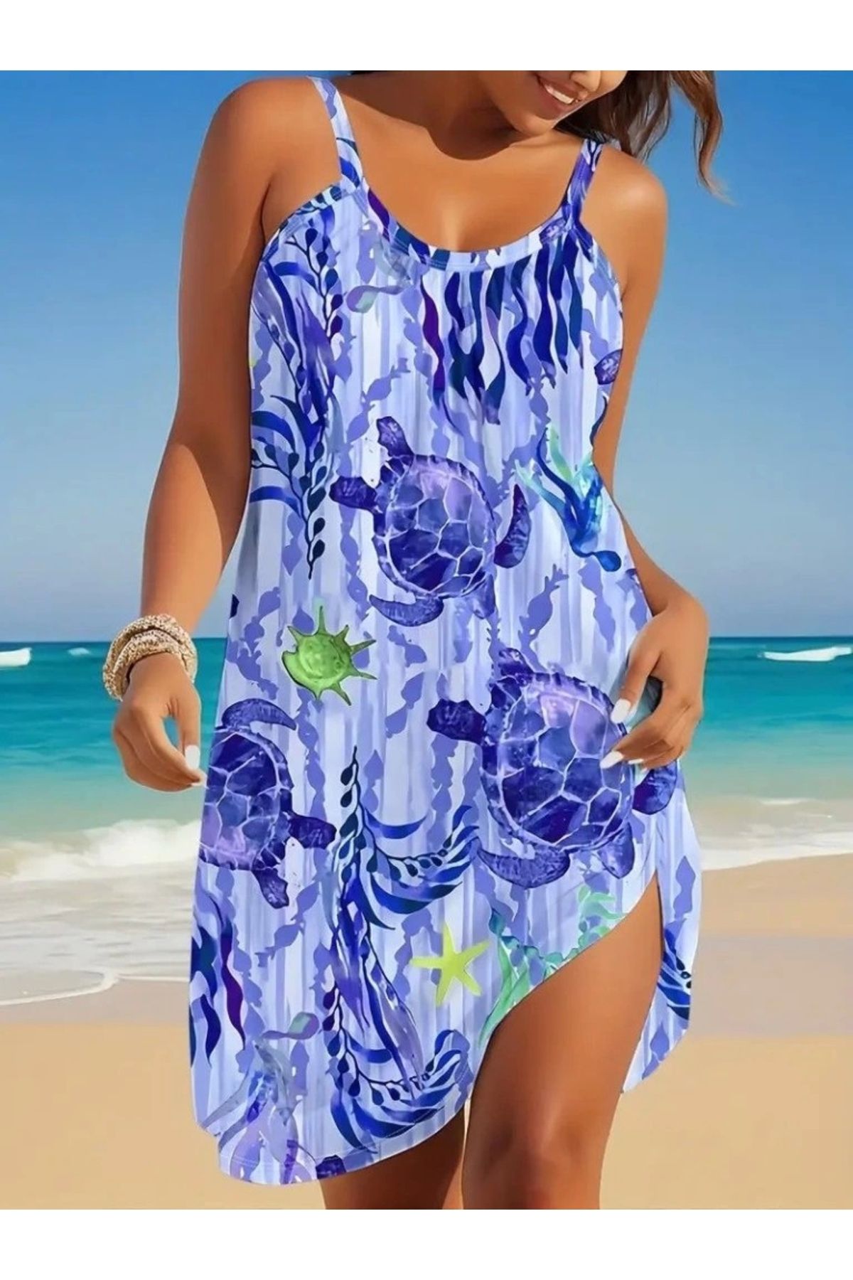 Butik Kadın Askılı Yuvarlak Yaka Kaplumbağa Desenli Süprem Elbise
