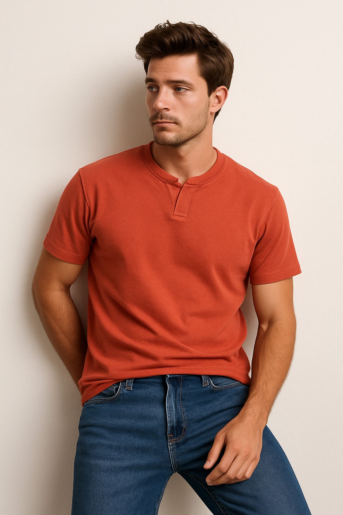LACİVERTMEN Lacivertmen 2124 Henley Tişört Kahverengi Düğme Detaylı Basic Casual T shirt