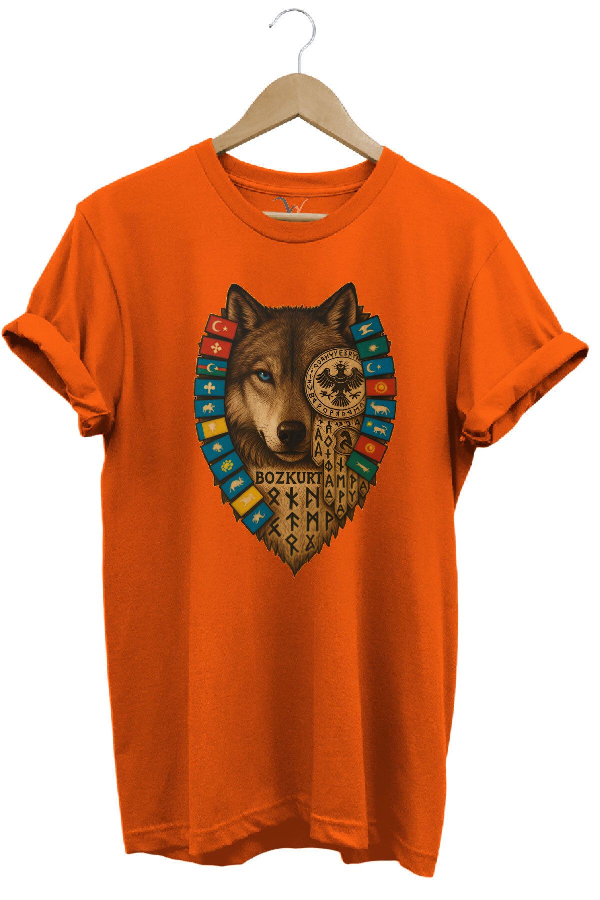 WİDİ Bozkurt Göktürk Alfabeli ve Türk Devletleri Bayrakları Baskılı %100 Pamuk Regular Fit T-shirt