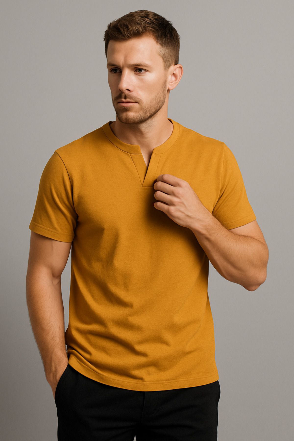 LACİVERTMEN Lacivertmen 2124 Henley Tişört Kahverengi Düğme Detaylı Basic Casual T shirt