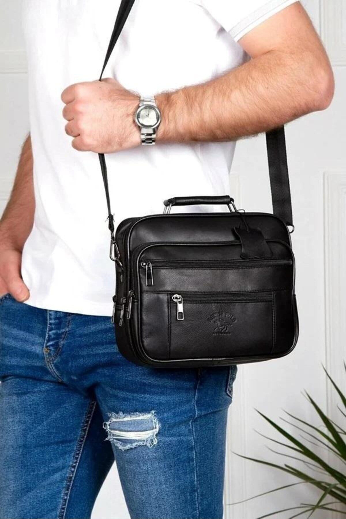 Newish Polo Erkek Hakiki Deri Çelik Kasalı Omuz ve El Çantası Büyük Boy - Siyah