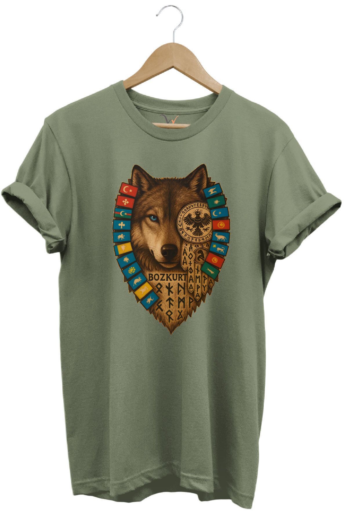 WİDİ Bozkurt Göktürk Alfabeli ve Türk Devletleri Bayrakları Baskılı %100 Pamuk Regular Fit T-shirt