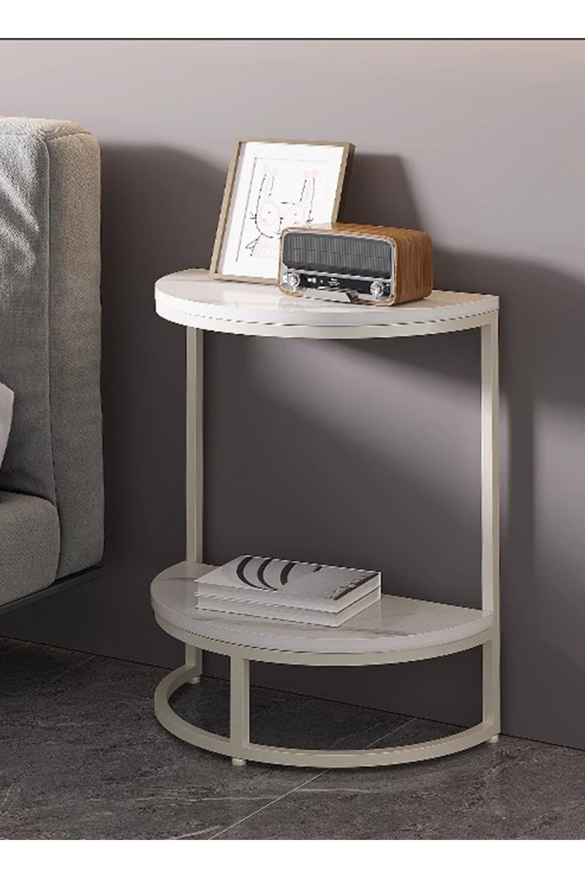sharpdo-Modern Simple Semicircular Side Table for Bedroom, Double-Layer Storage Light Luxury Side Table 3