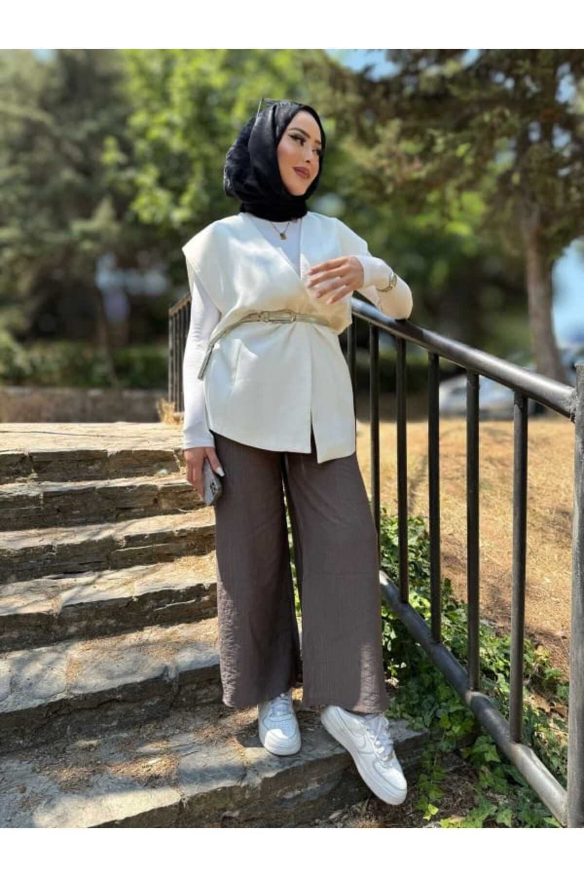 Dea Dessi Çilek Kumaş Beli Lastikli Cepli Bol Paça Pantolon