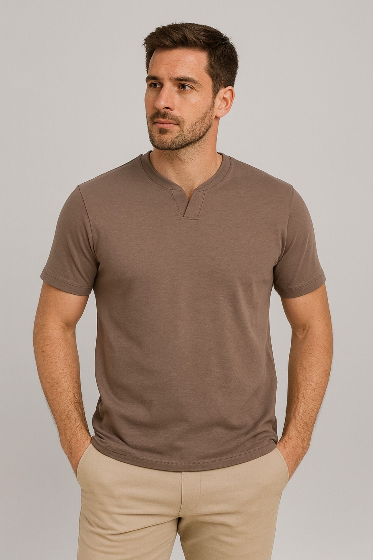 LACİVERTMEN Lacivertmen 2124 Henley Tişört Kahverengi Düğme Detaylı Basic Casual T shirt